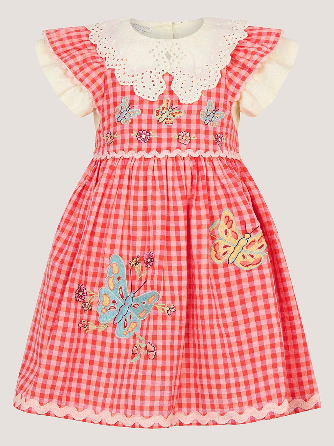 Image 2 of 4 of Monsoon Baby Girls Gingham Butterfly Pinny Dress Set - Pink