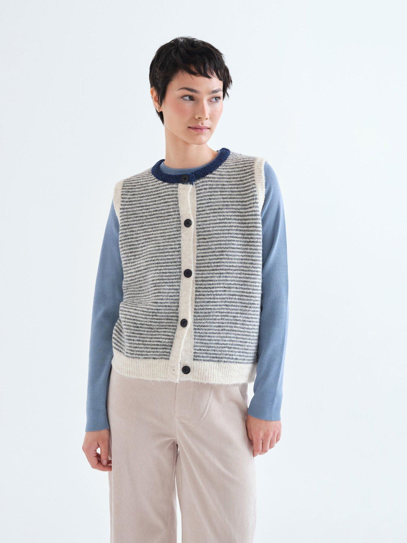 Compania Fantastica Women's Striped Knit Button-Through Sweater Vest - Navy/White