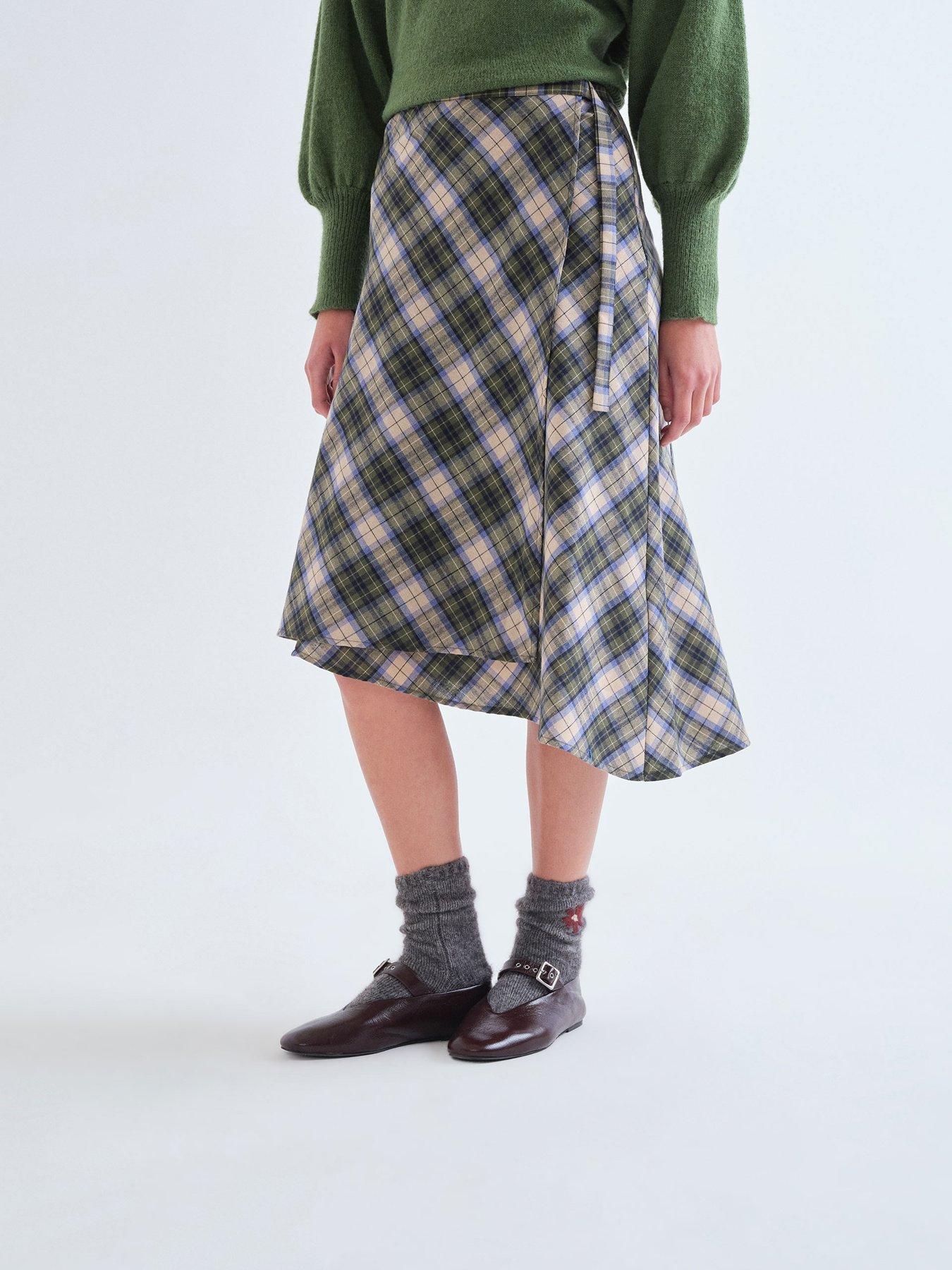 Compania Fantastica Women's Cotton Checked Wrap Midi Skirt - Green