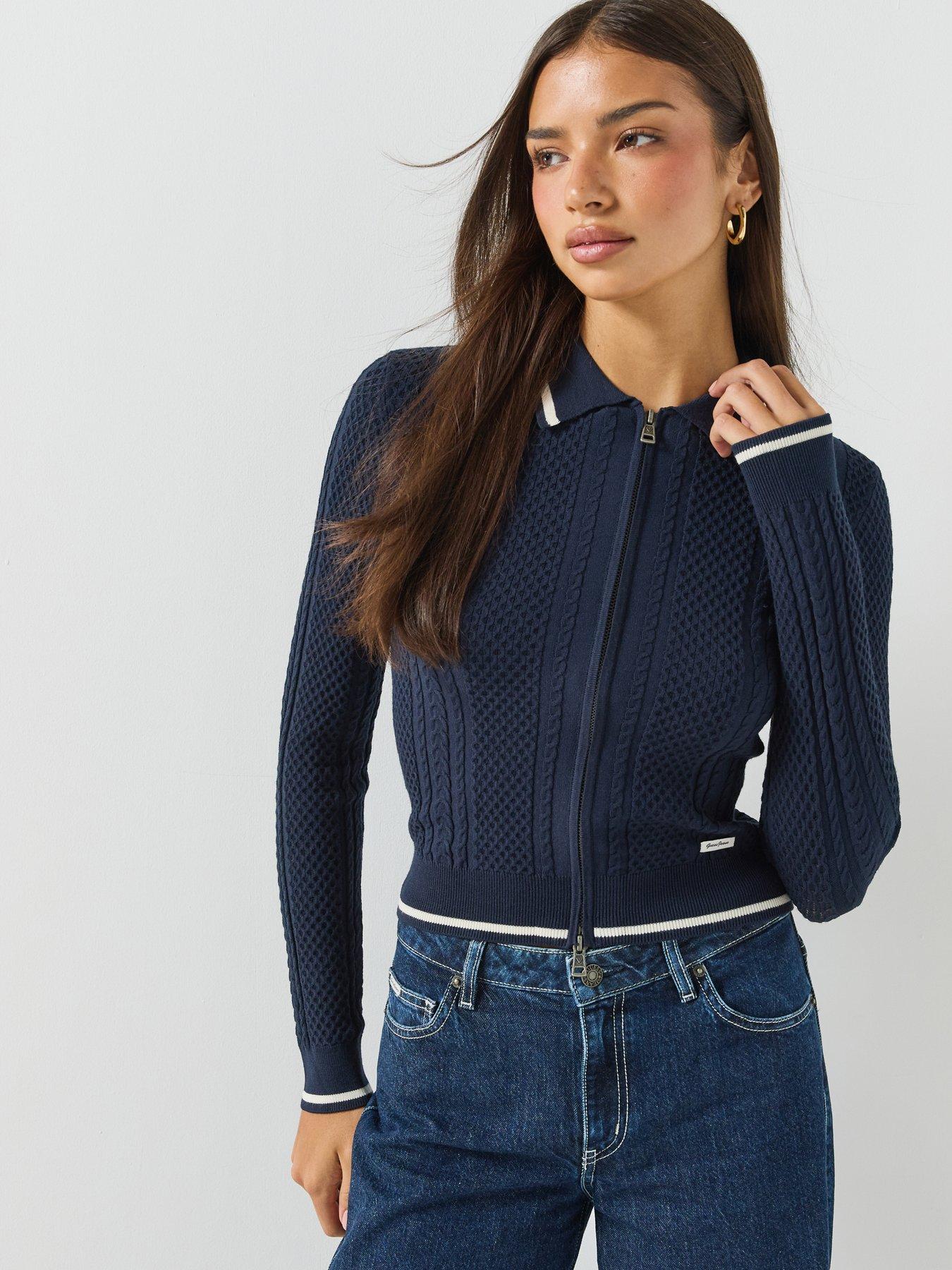 Image 1 of 6 of Guess Jeans Long Sleeve Polo Cable Zipped Sweater - Blue