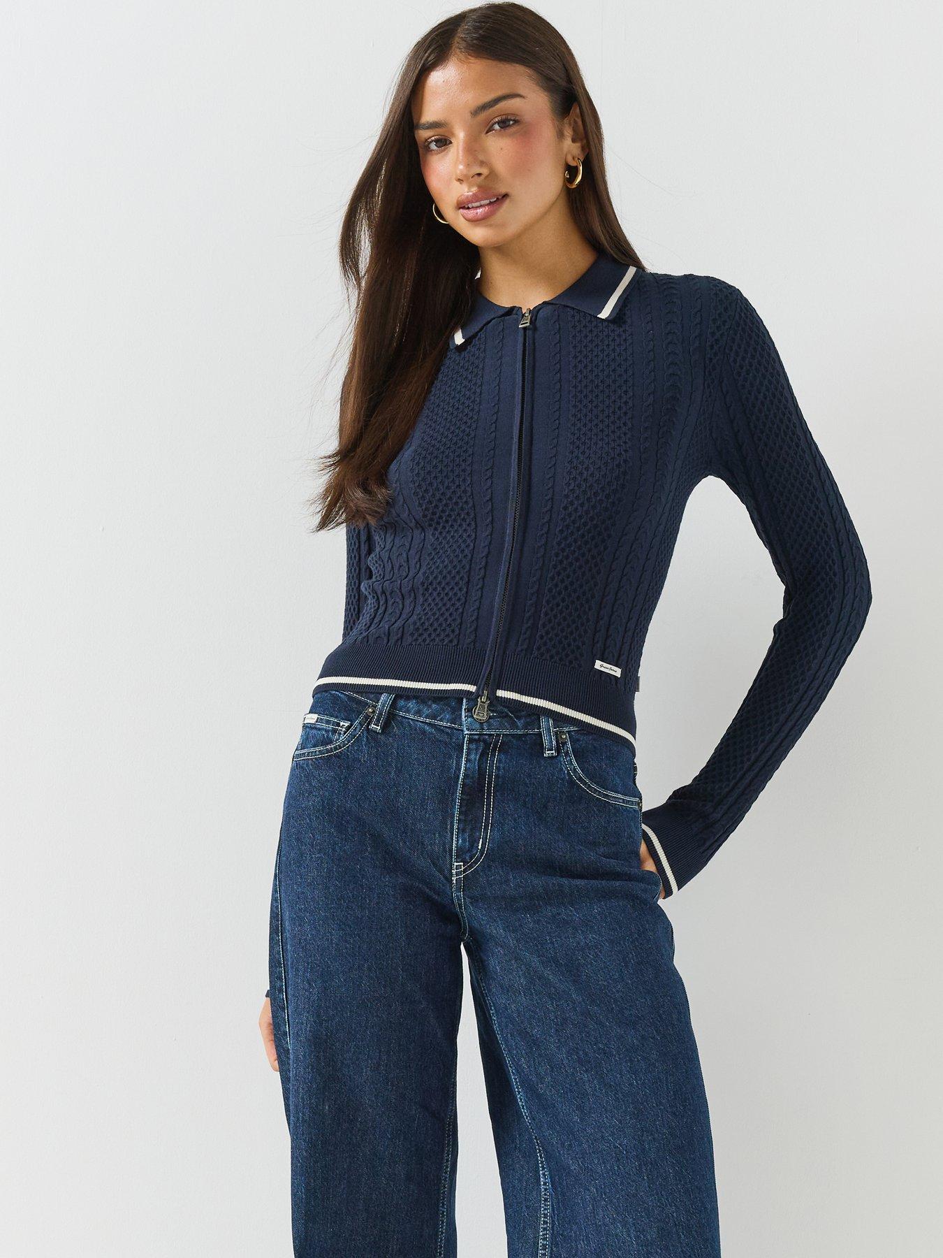 Image 3 of 6 of Guess Jeans Long Sleeve Polo Cable Zipped Sweater - Blue