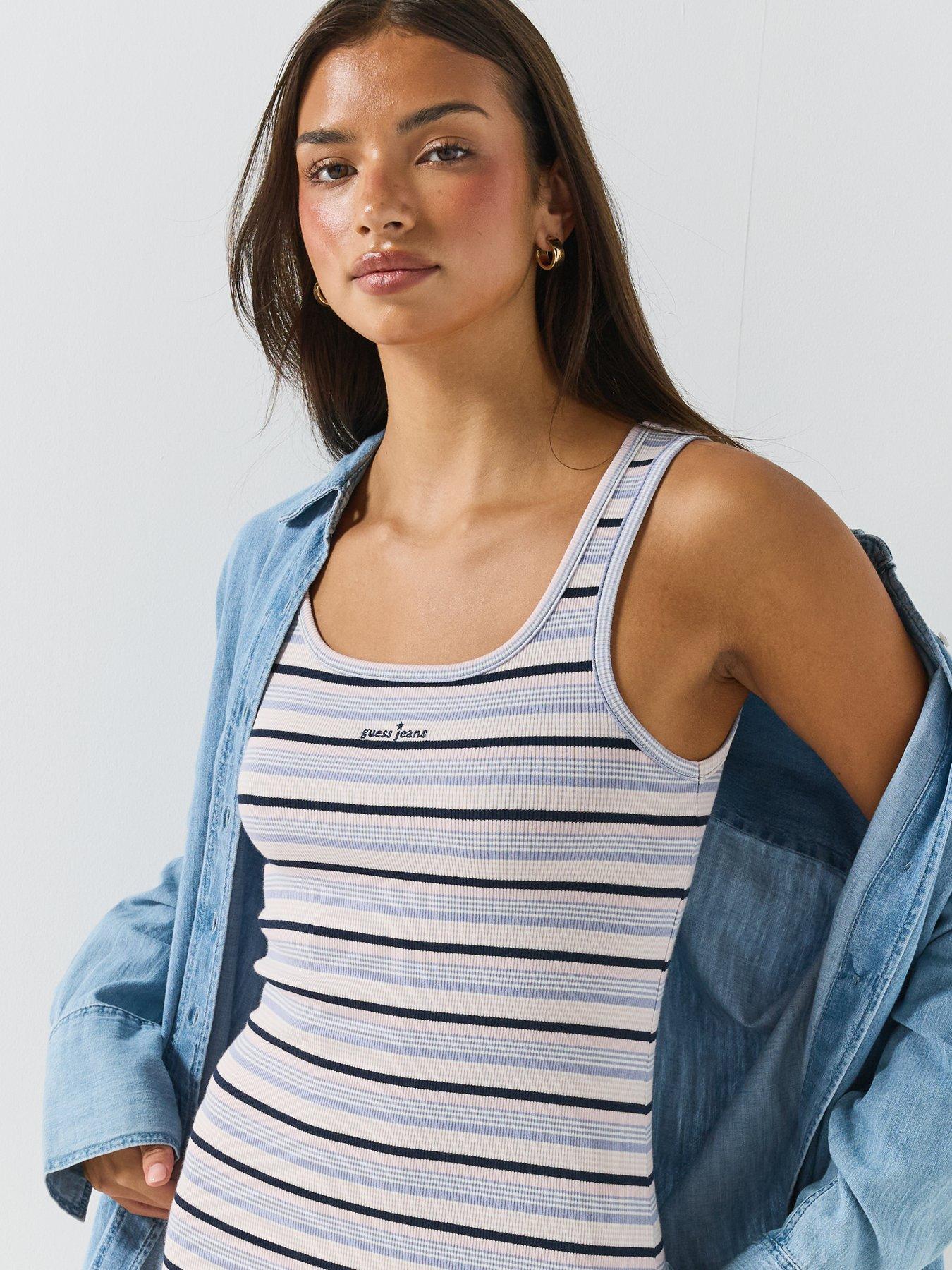 Image 5 of 6 of Guess Jeans Womens Ribbed Knit Striped Mini Dress - Blue