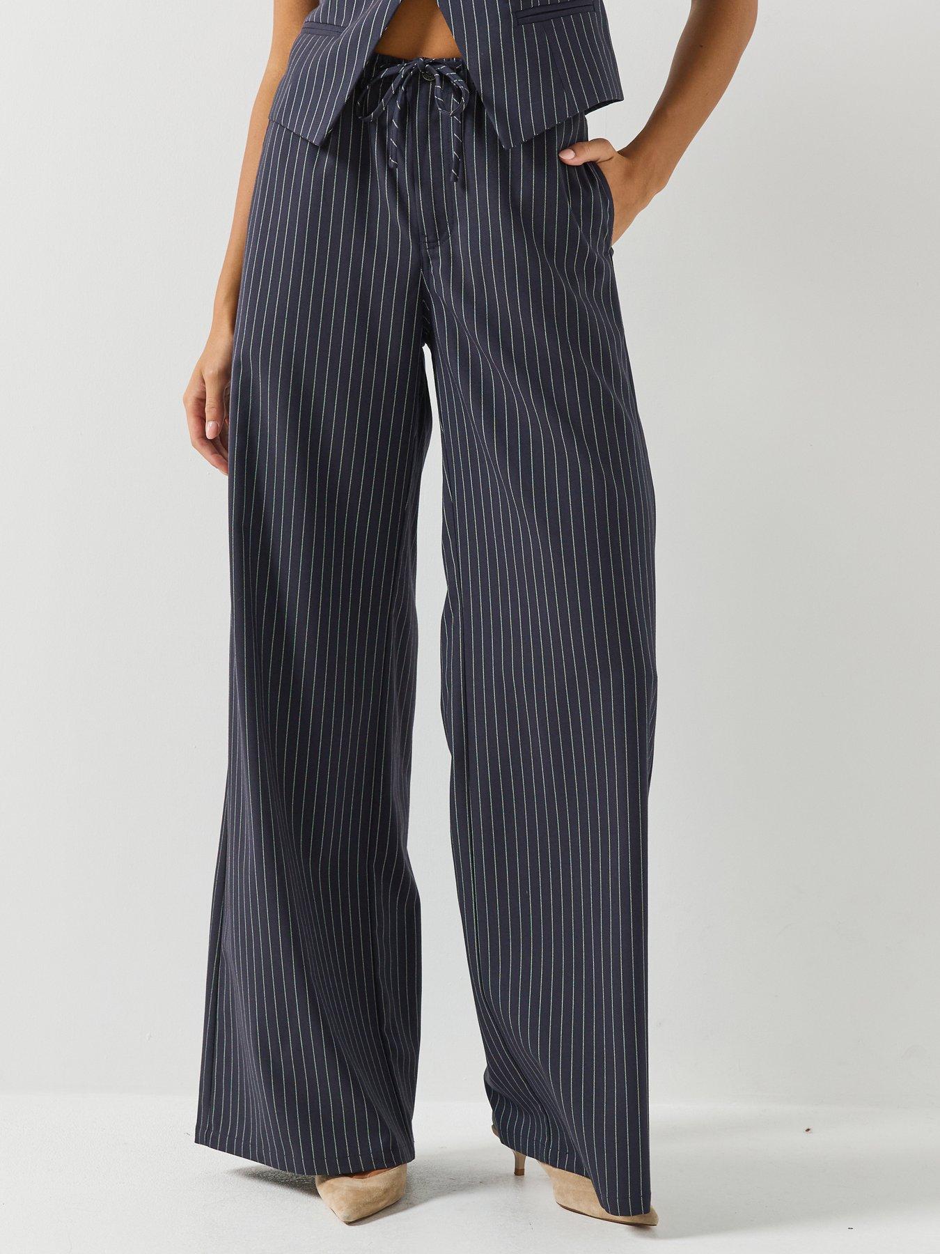 Image 1 of 6 of Guess Jeans Pull-on Pinstripe Wide Leg Trouser - Blue