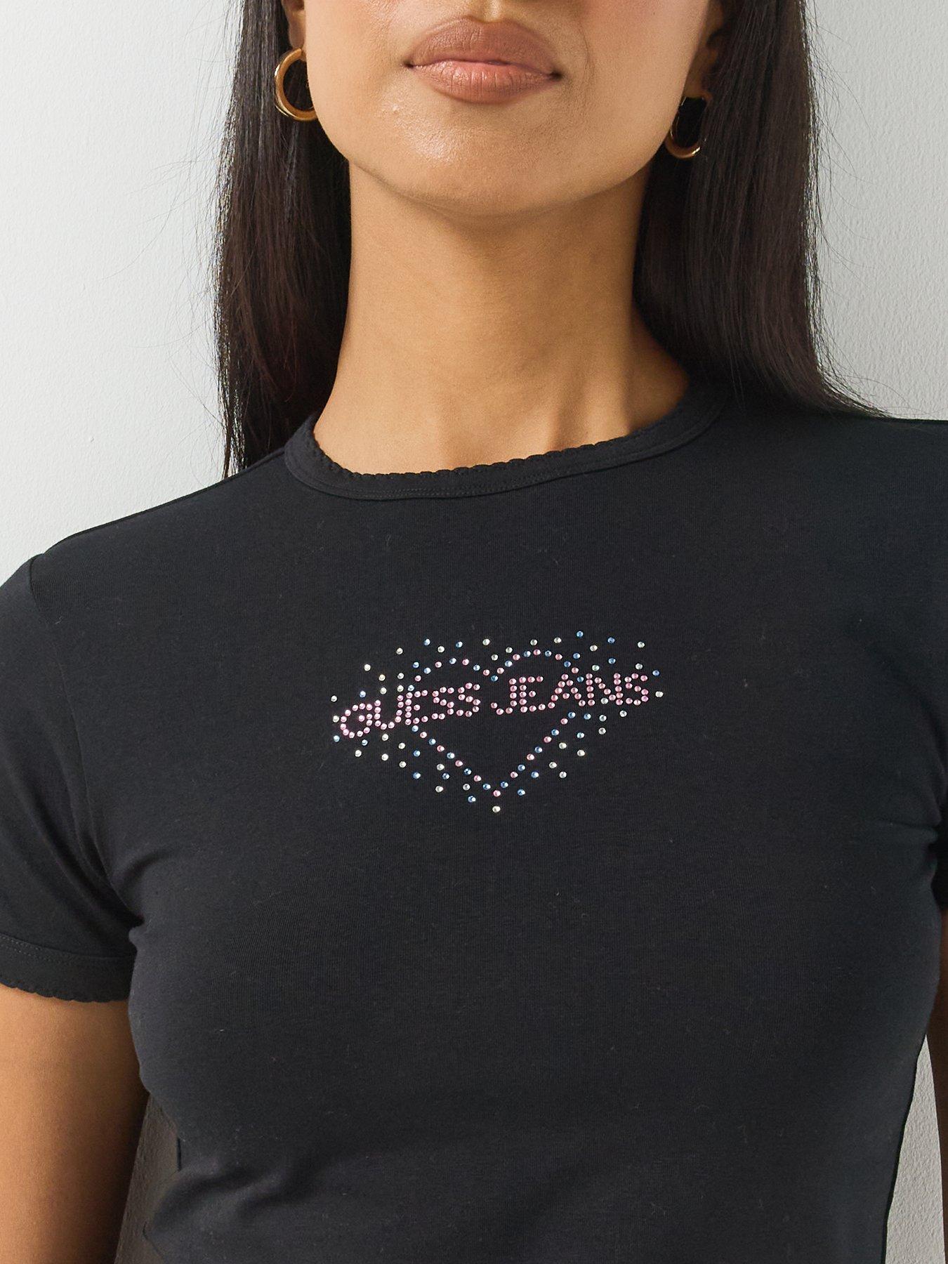 Image 4 of 4 of Guess Jeans Womens Rhinestone Heart Stretch Baby T-Shirt - Black