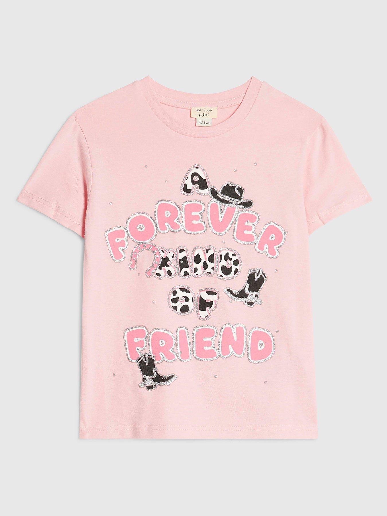 River Island Mini Girls Forever Kind Of Friend Graphic Print T-Shirt - Pink