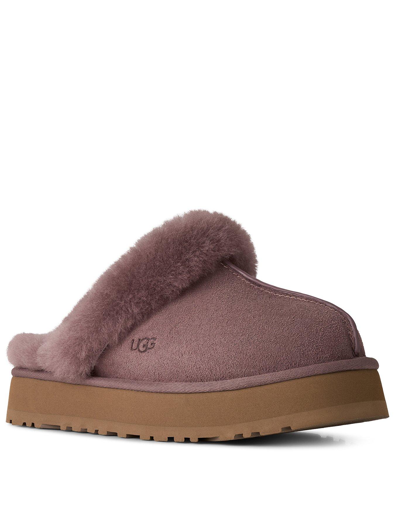 Image 1 of 6 of UGG Womens Suede Sheepskin-Lined Platform Mule Slippers - Purple