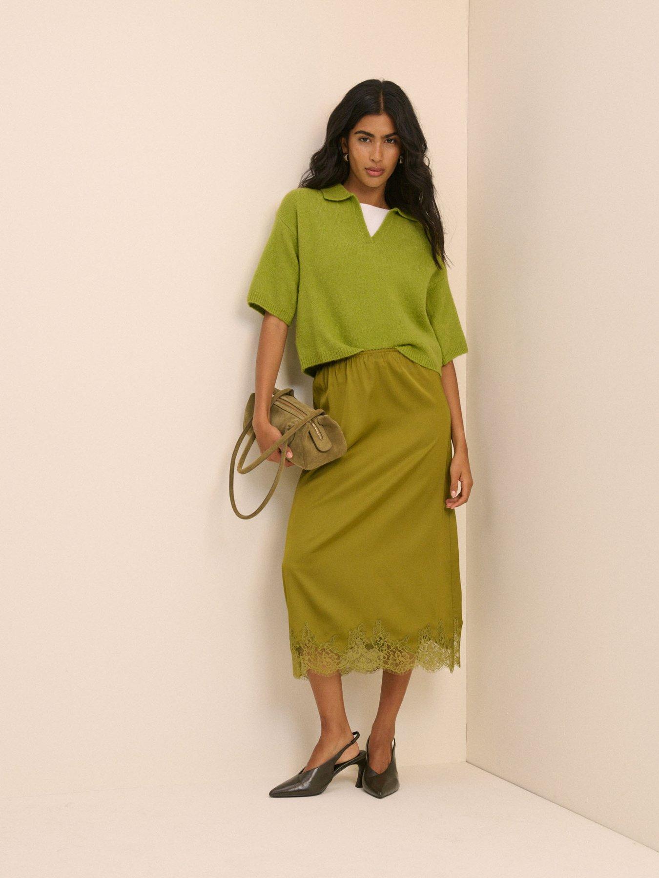 Nobodys Child Lace Trim Satin Midi Slip Skirt - Green