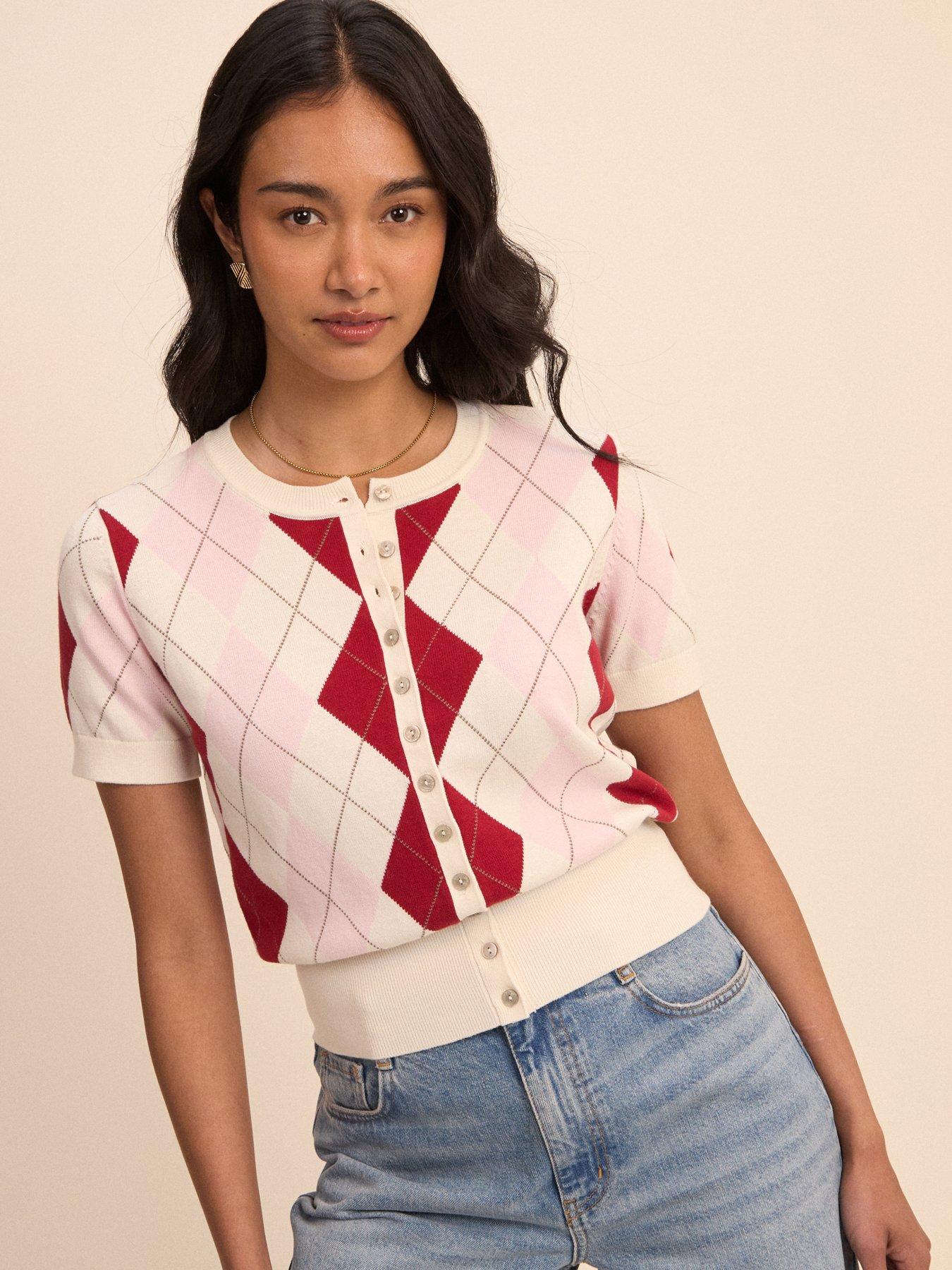 Nobodys Child Argyle Short Sleeve Cardigan - Red/Pink