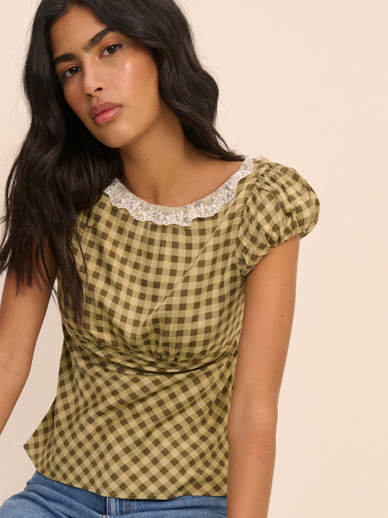 Nobodys Child Dione Gingham Puff Sleeve Top - Green