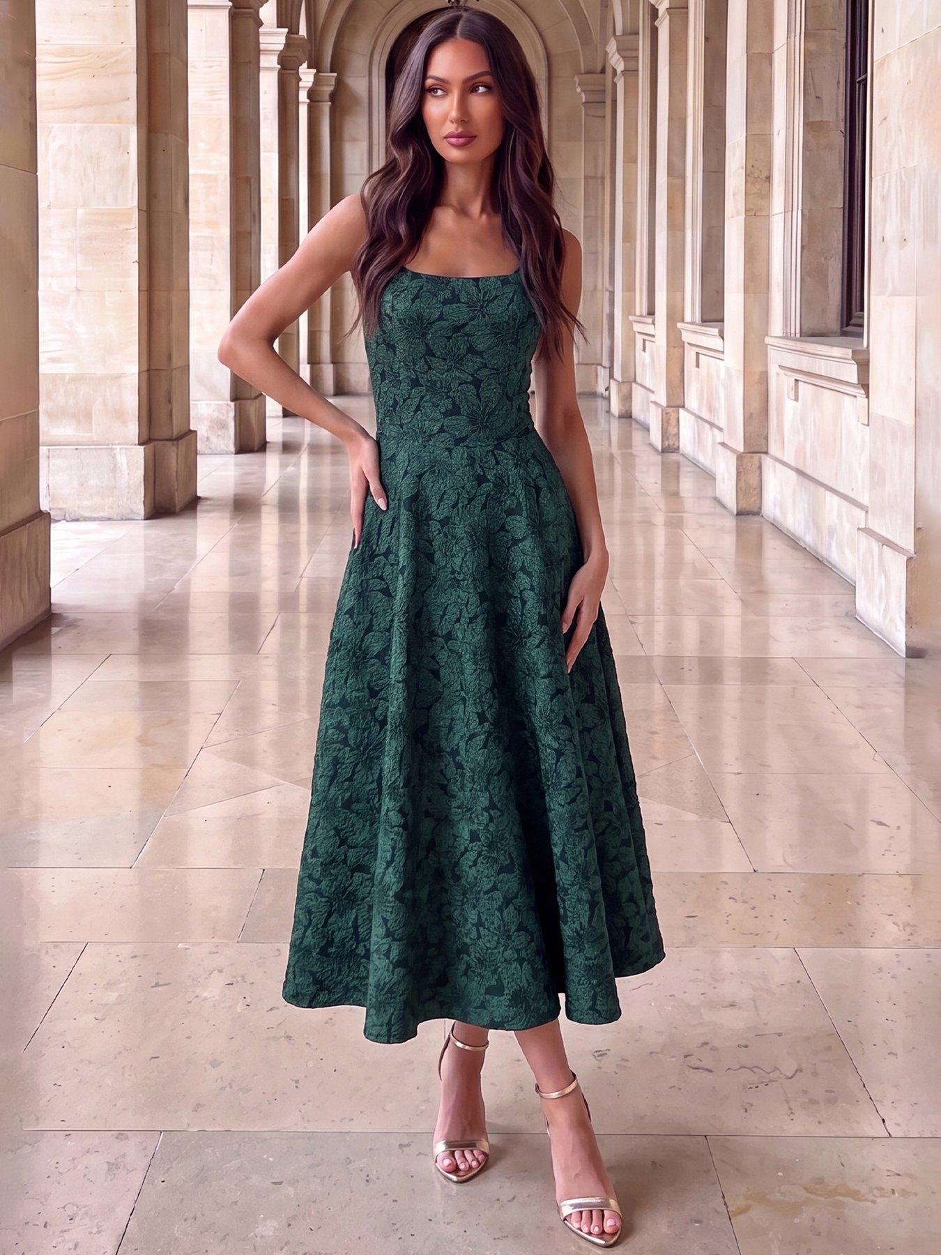 Image 1 of 4 of AX Paris Womens Floral Jacquard Square Neck A-Line Midi Dress - Green