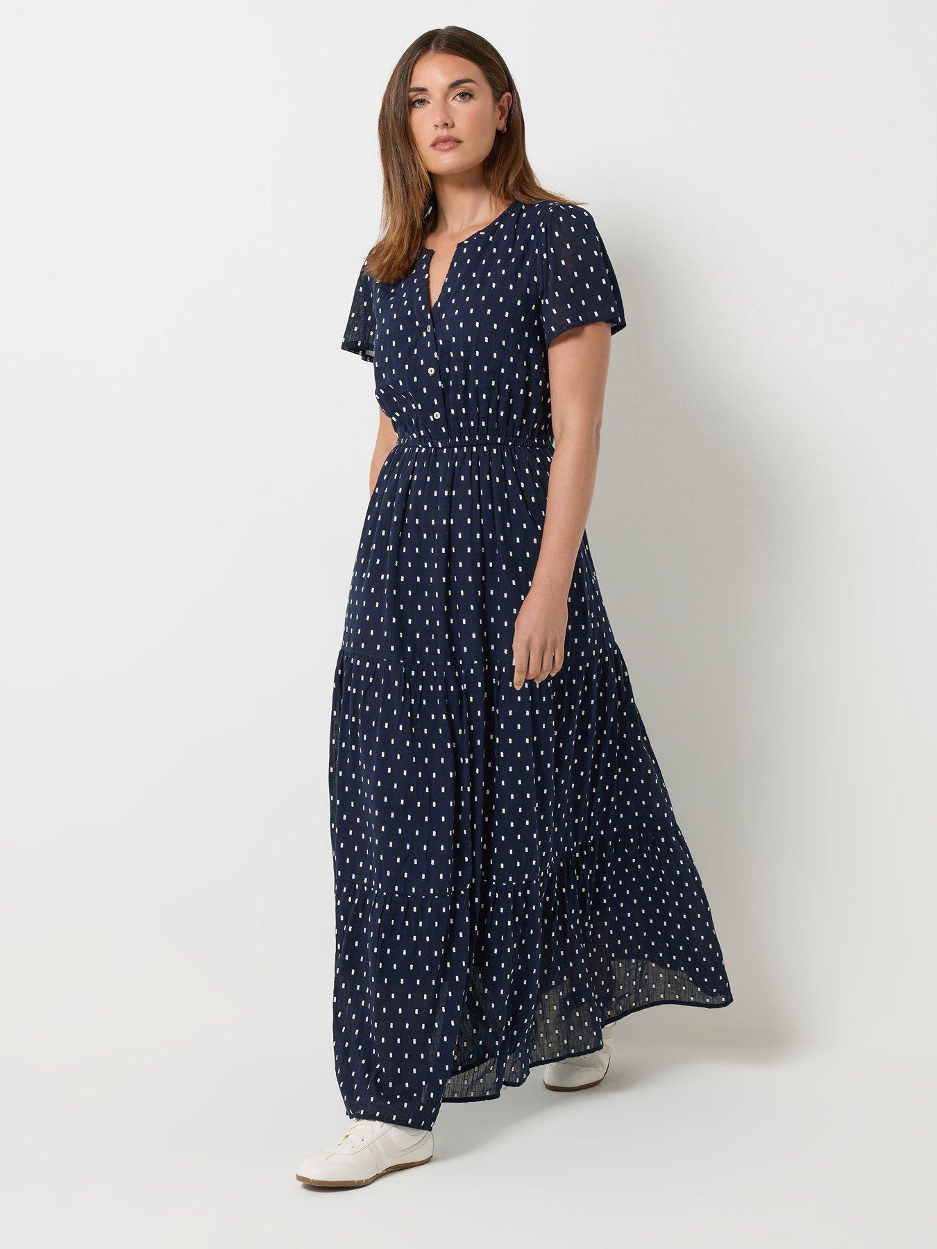 Image 1 of 4 of Long Tall Sally LTS Tall Dobby Spot Tiered Maxi Dress - Navy Blue