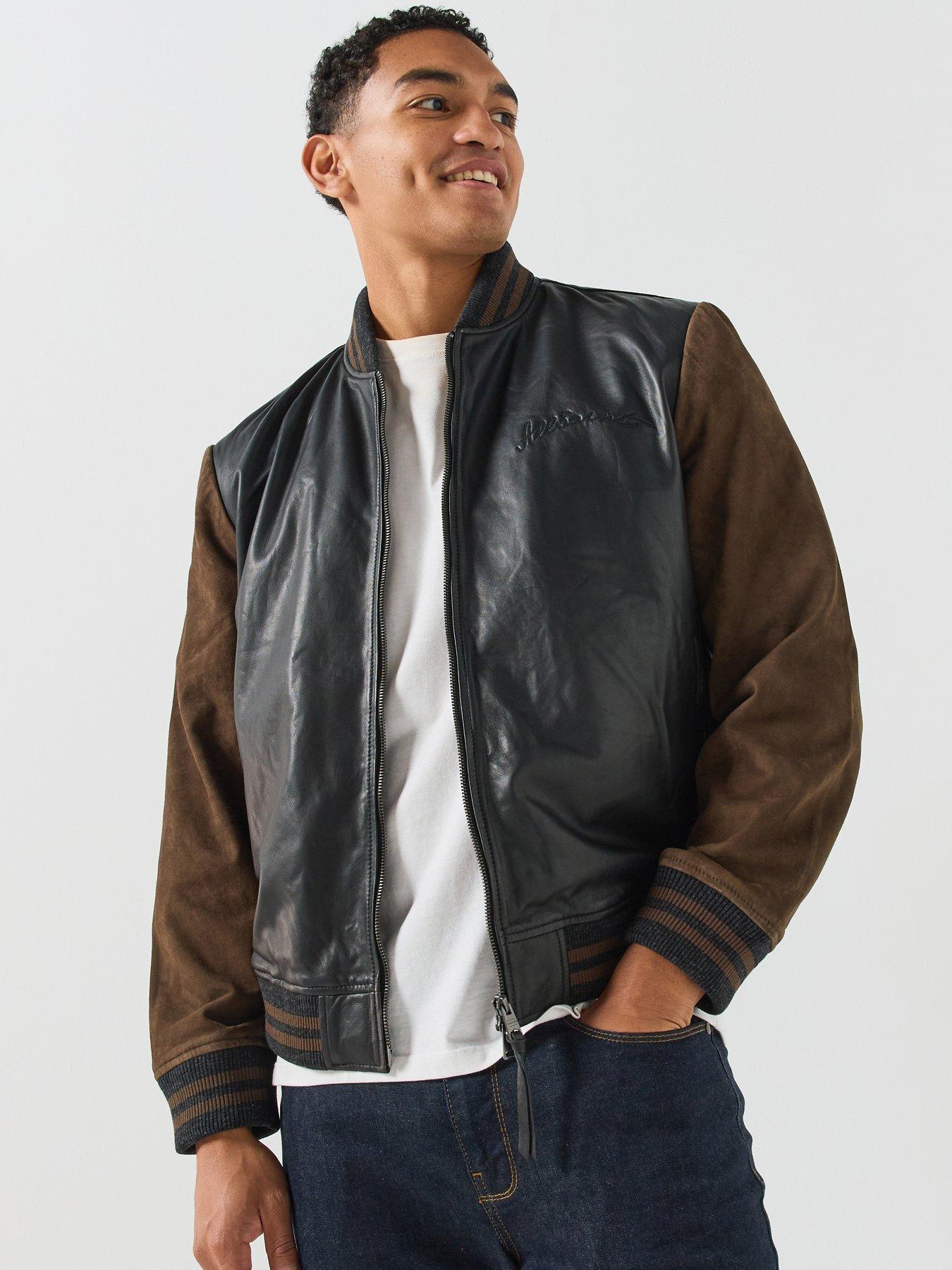 Image 1 of 6 of AllSaints Mens Leather Contrast Sleeve Bomber Jacket - Black