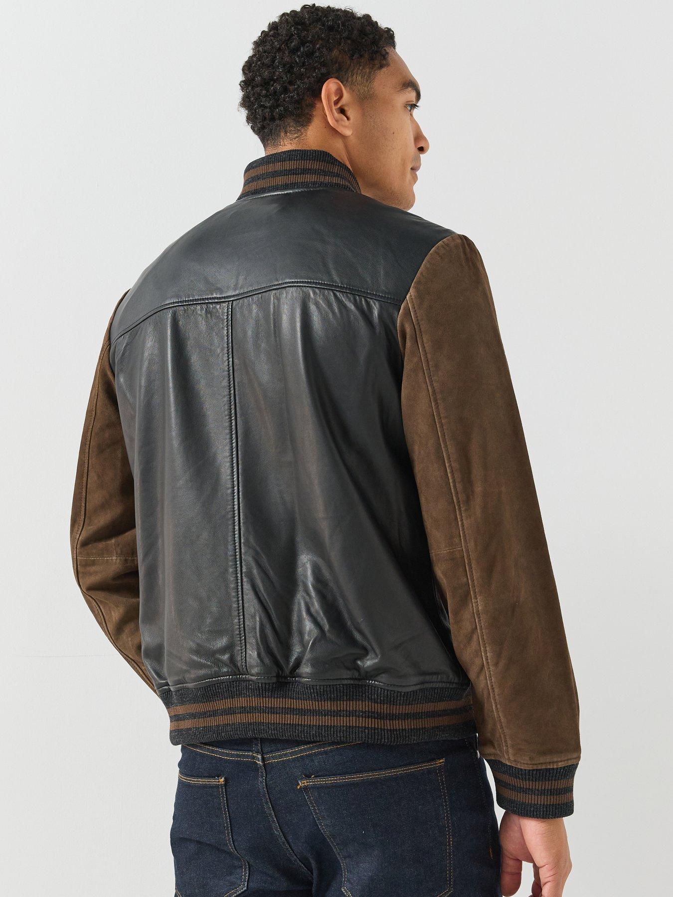 Image 2 of 6 of AllSaints Mens Leather Contrast Sleeve Bomber Jacket - Black