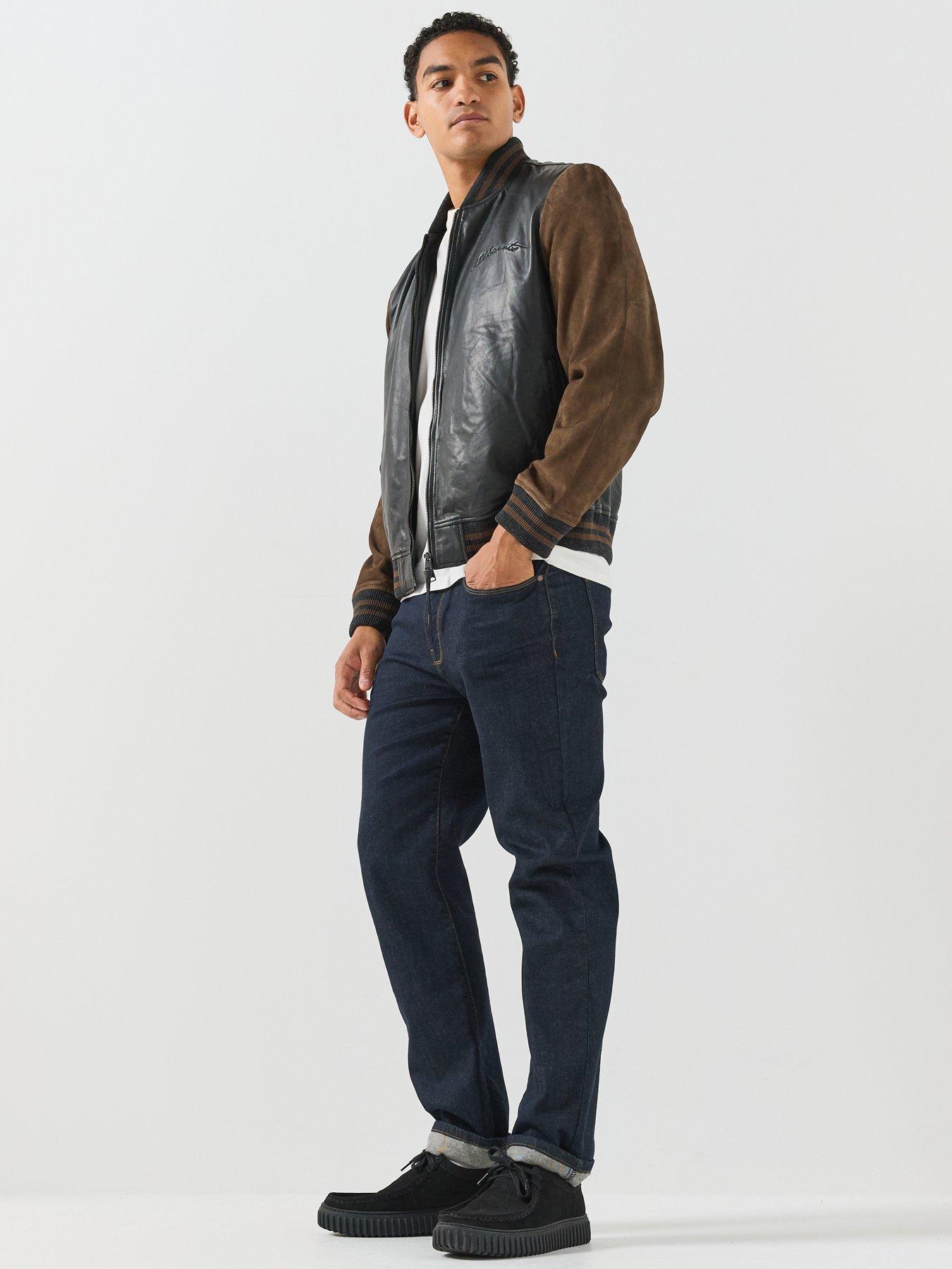 Image 3 of 6 of AllSaints Mens Leather Contrast Sleeve Bomber Jacket - Black