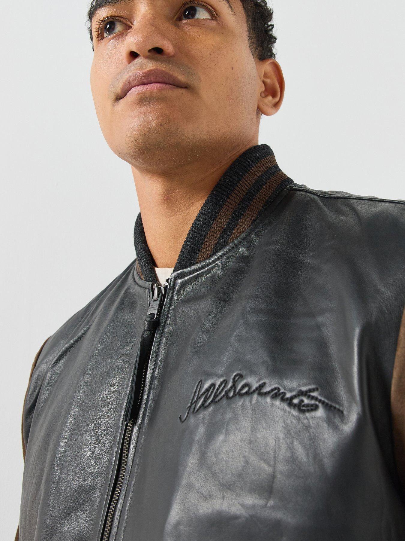 Image 4 of 6 of AllSaints Mens Leather Contrast Sleeve Bomber Jacket - Black