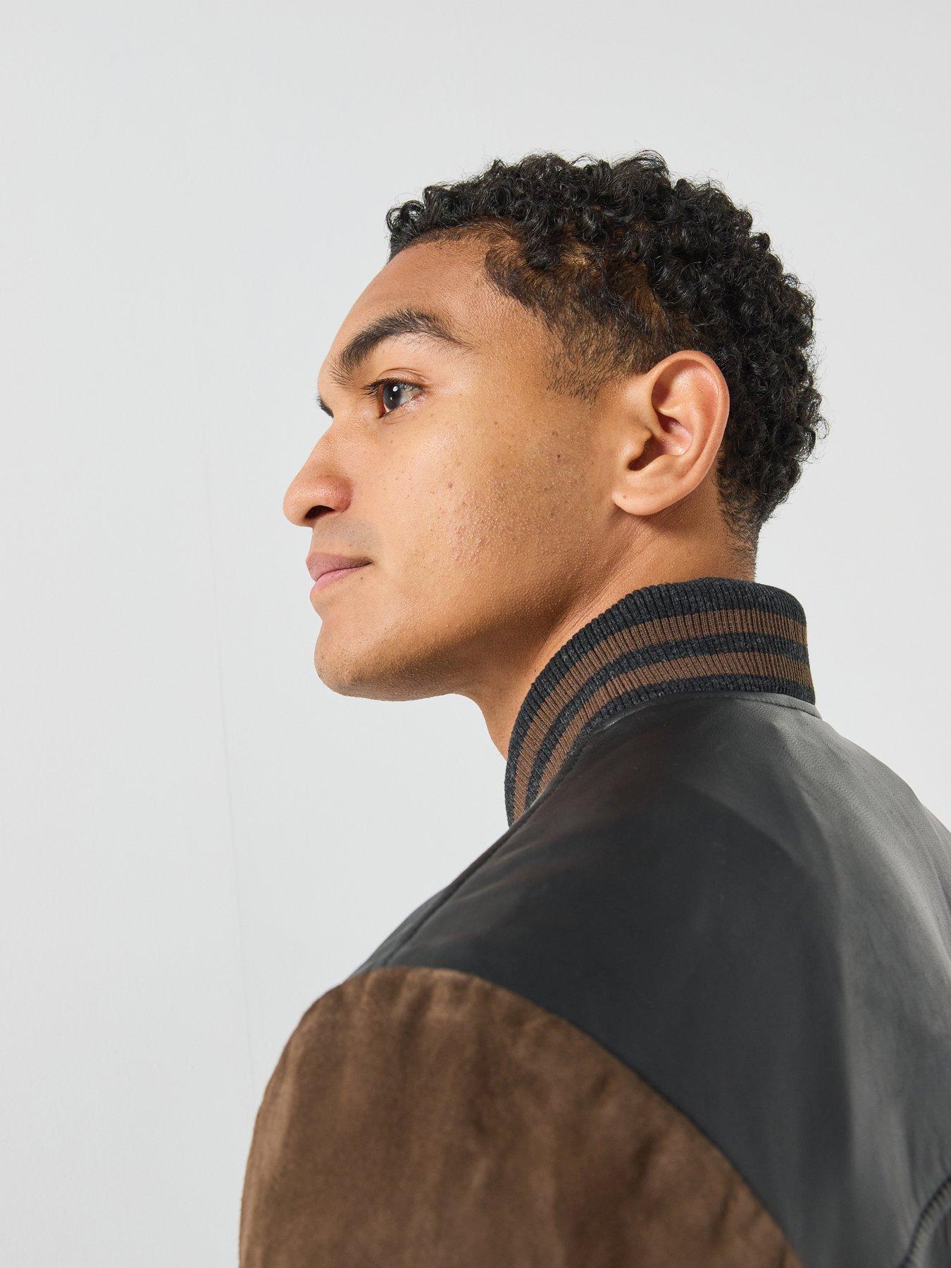 Image 5 of 6 of AllSaints Mens Leather Contrast Sleeve Bomber Jacket - Black