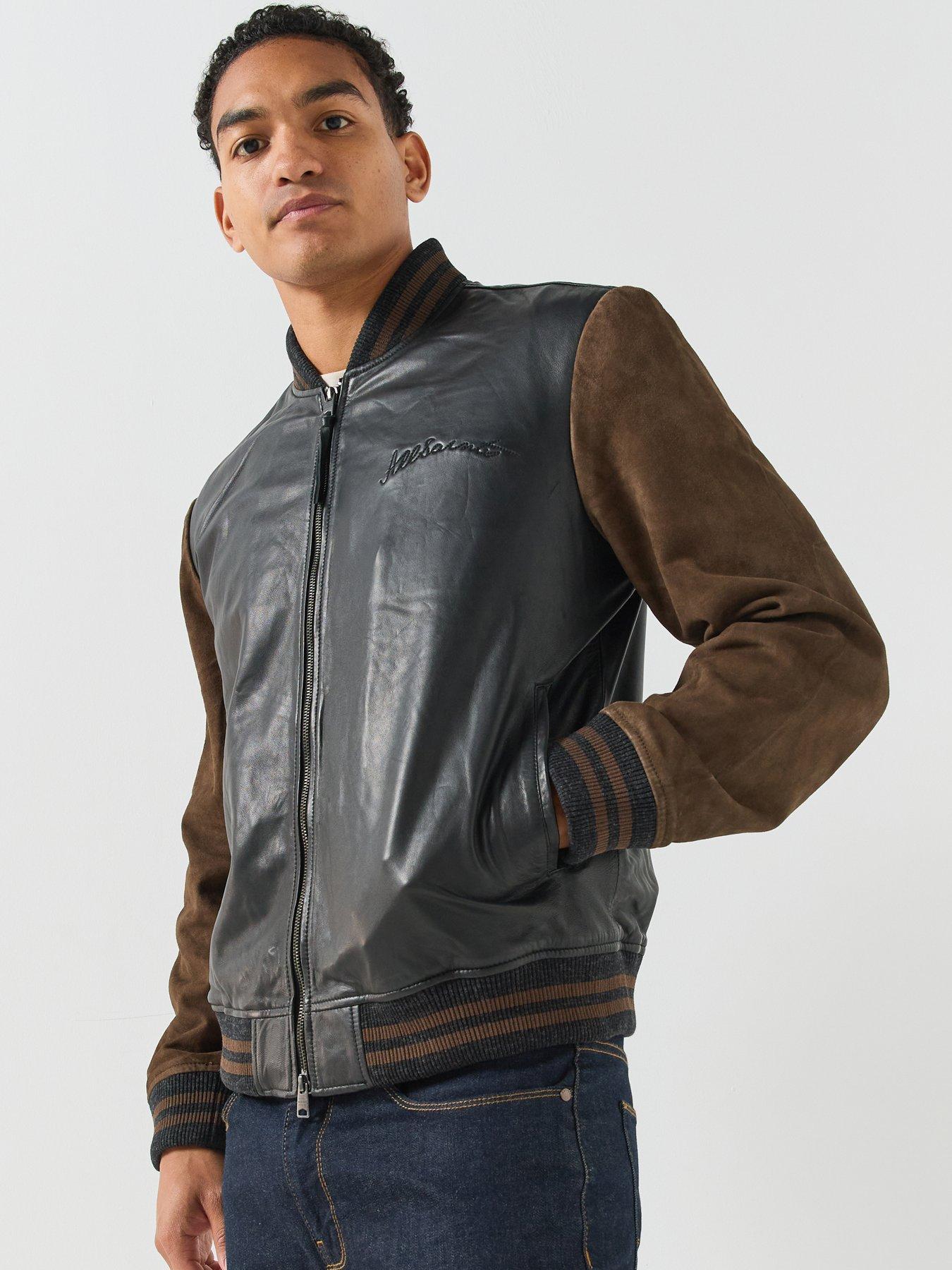 Image 6 of 6 of AllSaints Mens Leather Contrast Sleeve Bomber Jacket - Black