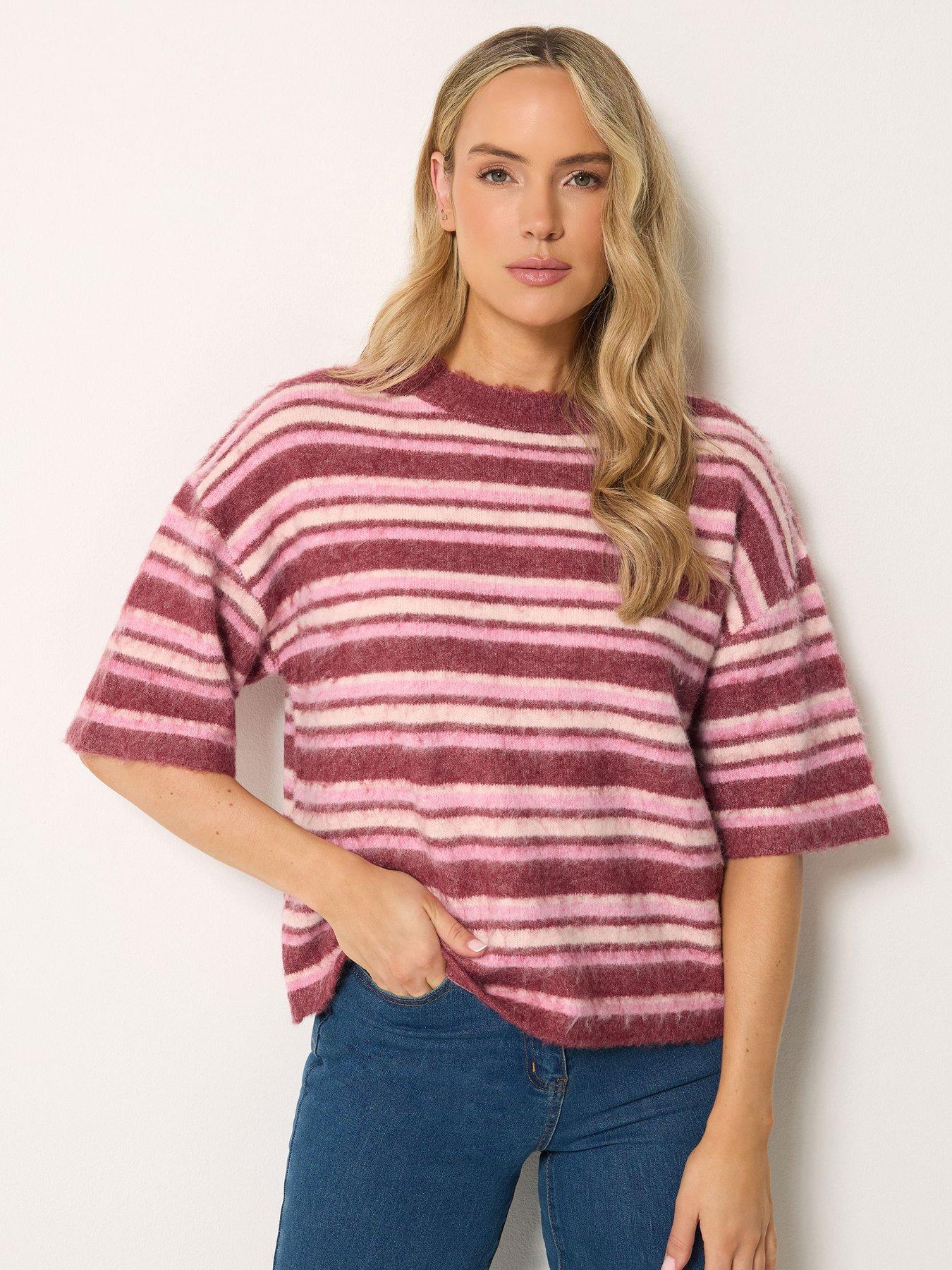 Image 1 of 4 of Long Tall Sally Short Sleeve Stripe Fluffy Jumper - Pink