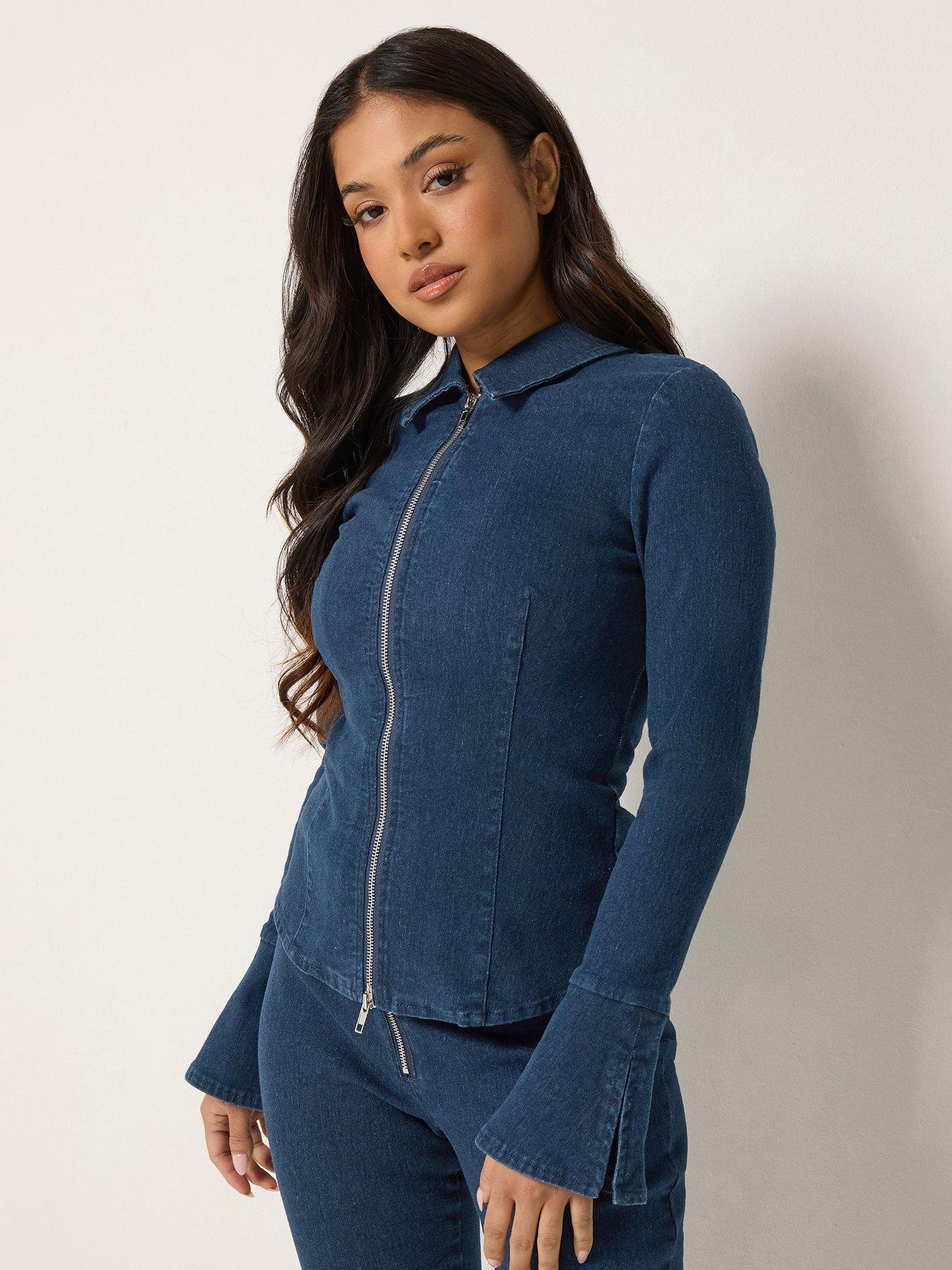 PixieGirl Petite Zip Denim Jacket - Indigo Blue