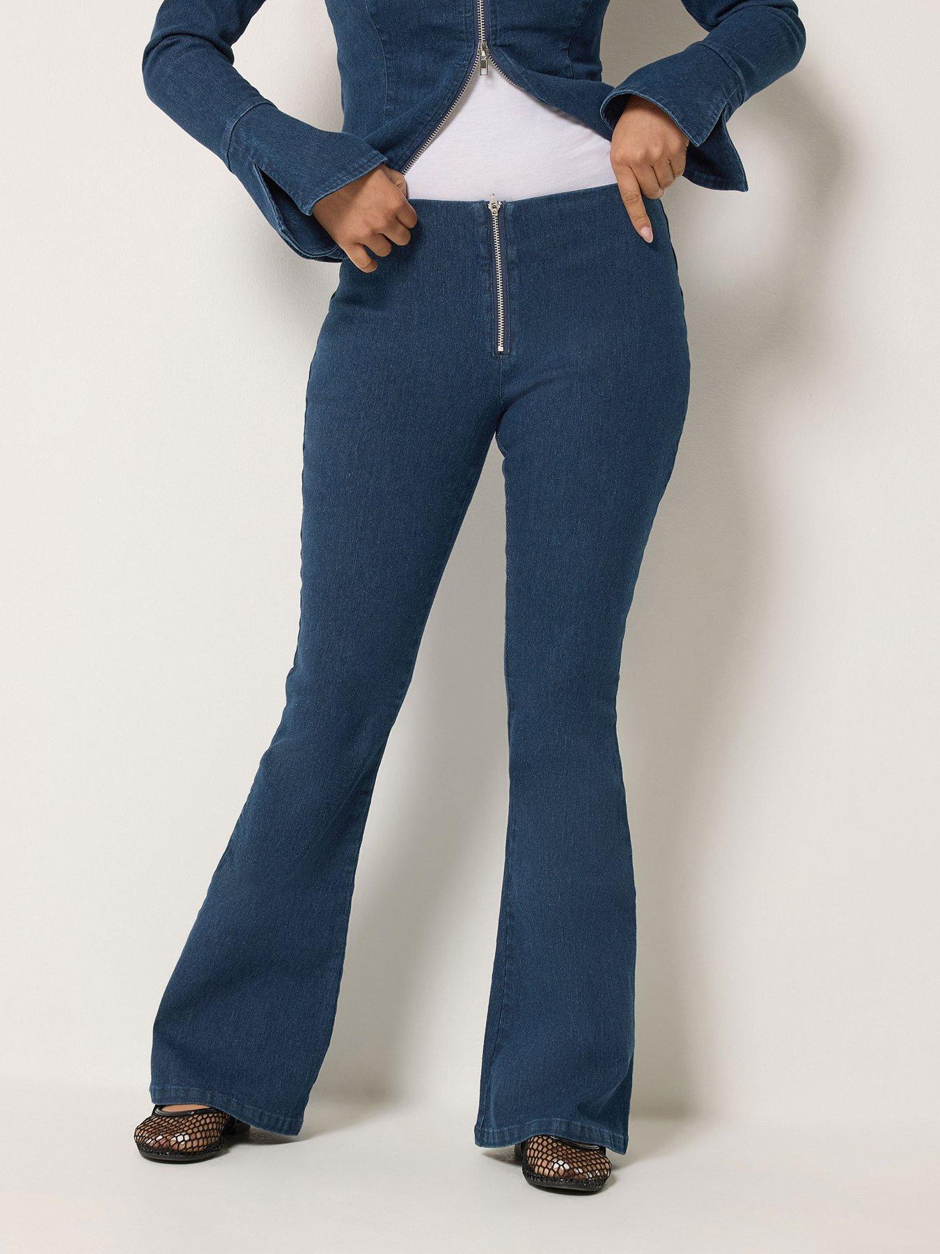PixieGirl Petite Zip Front Kick Flare Jeans - Indigo Blue