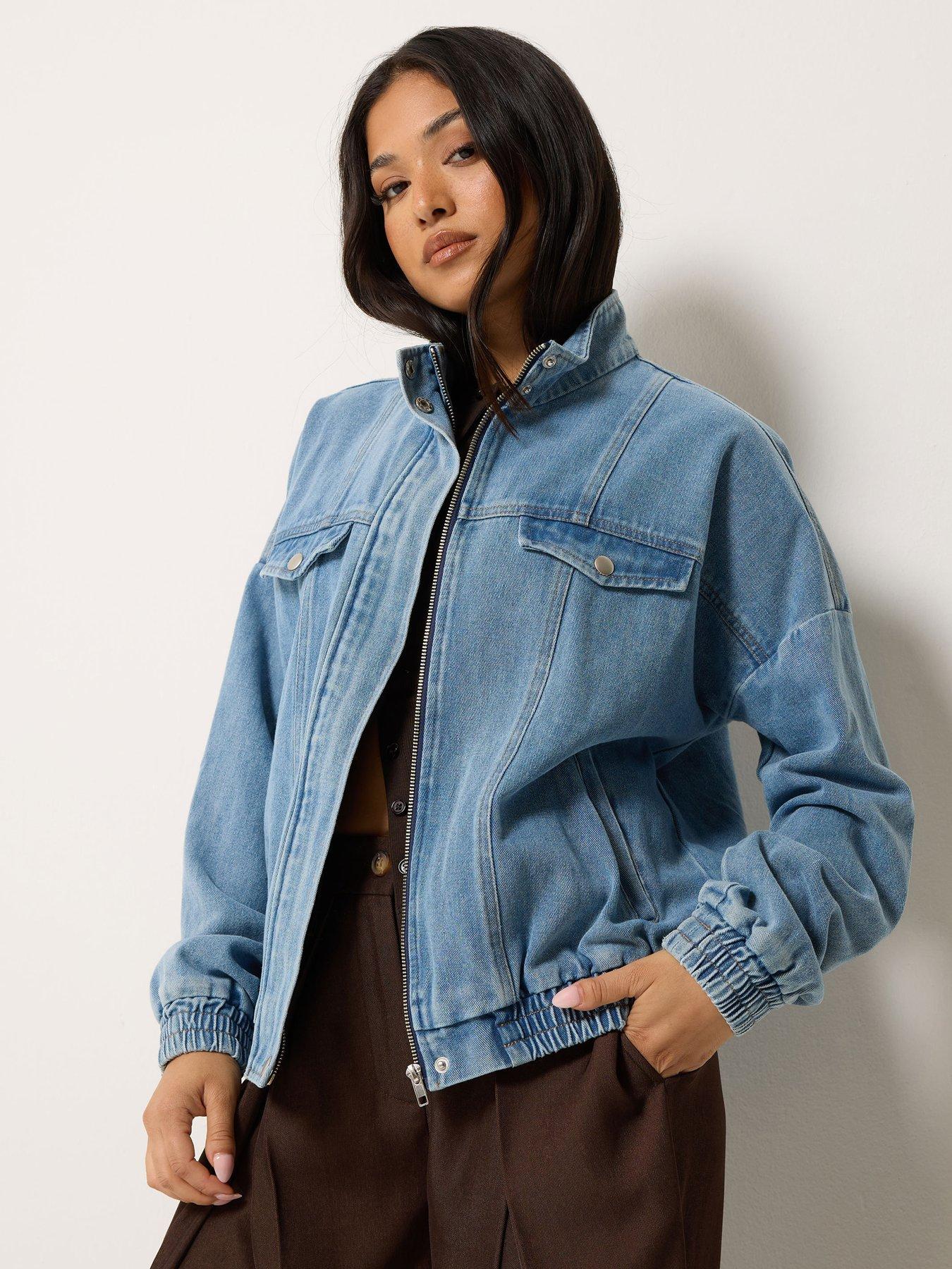 PixieGirl Petite Funnel Neck Denim Trucker Jacket - Mid Blue