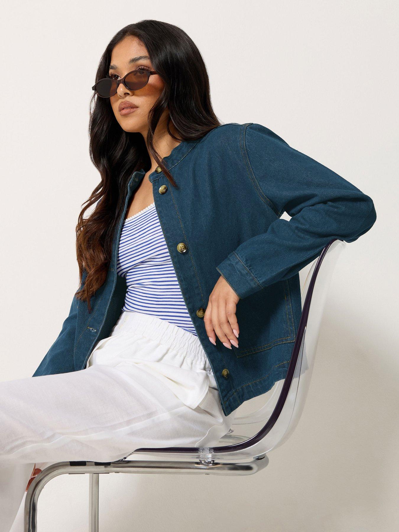 PixieGirl Petite Collarless Denim Jacket - Blue