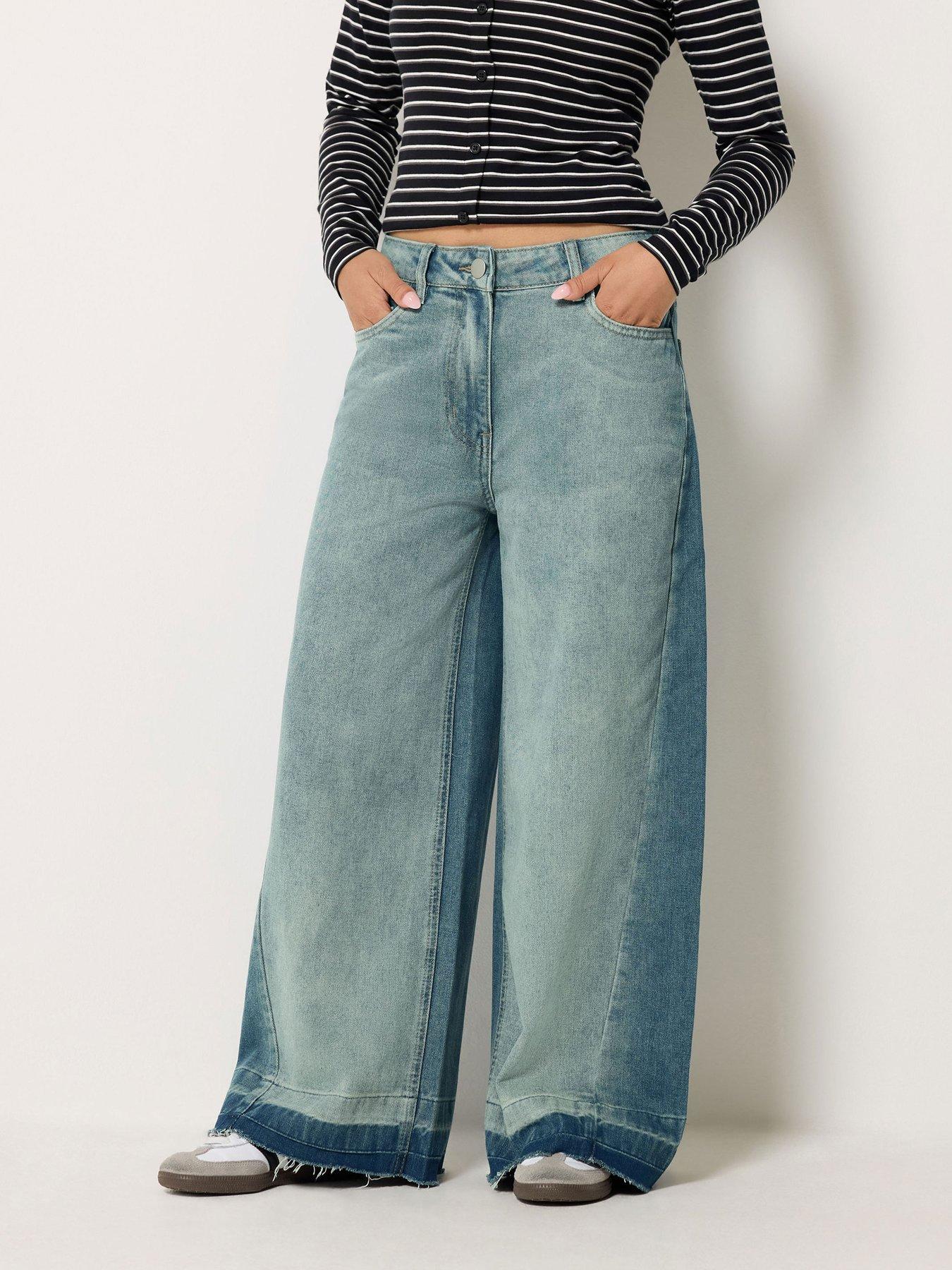PixieGirl Petite Mid Fray Hem Wide Leg Jeans - Blue
