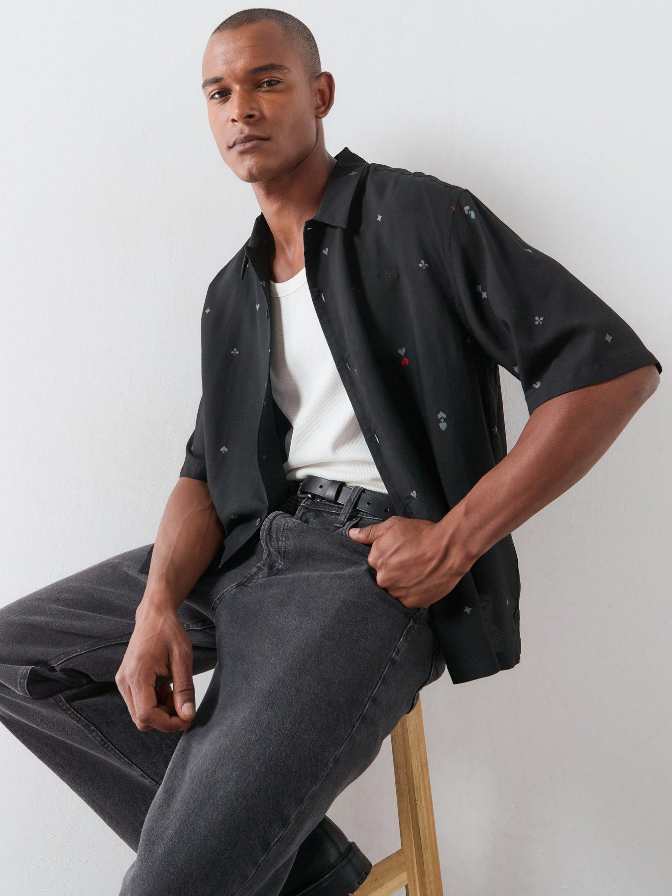 AllSaints Cardsuit Short Sleeve Linen Mix Shirt - Black