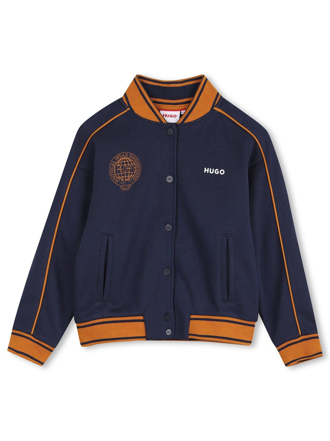 Image 1 of 3 of HUGO Boys Contrast Rib Popper Fleece Bomber Jacket - Navy