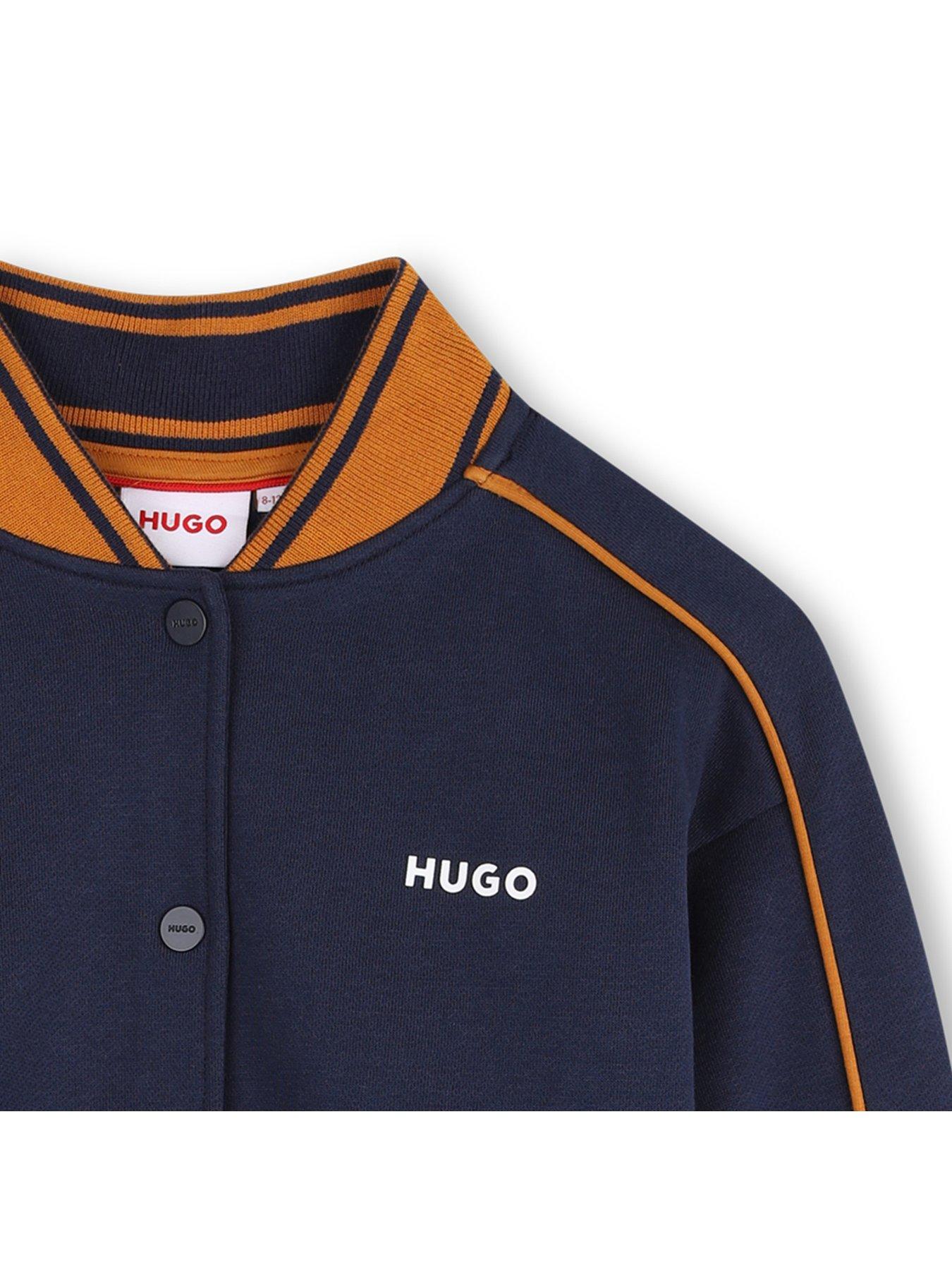 Image 3 of 3 of HUGO Boys Contrast Rib Popper Fleece Bomber Jacket - Navy