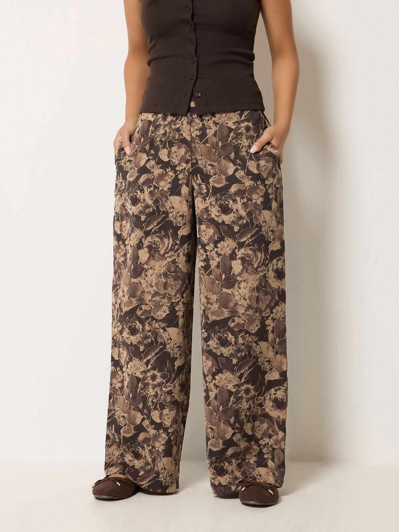 PixieGirl Petite Floral Wide Leg Trousers - Brown