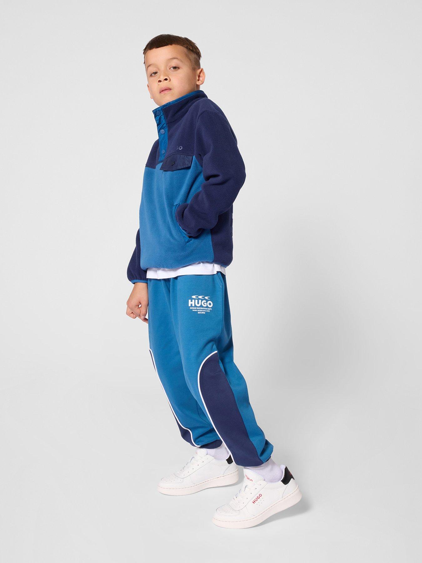 Image 1 of 4 of HUGO Boys Press-Stud Funnel Neck Colour-Block Fleece Sweatshirt - Navy