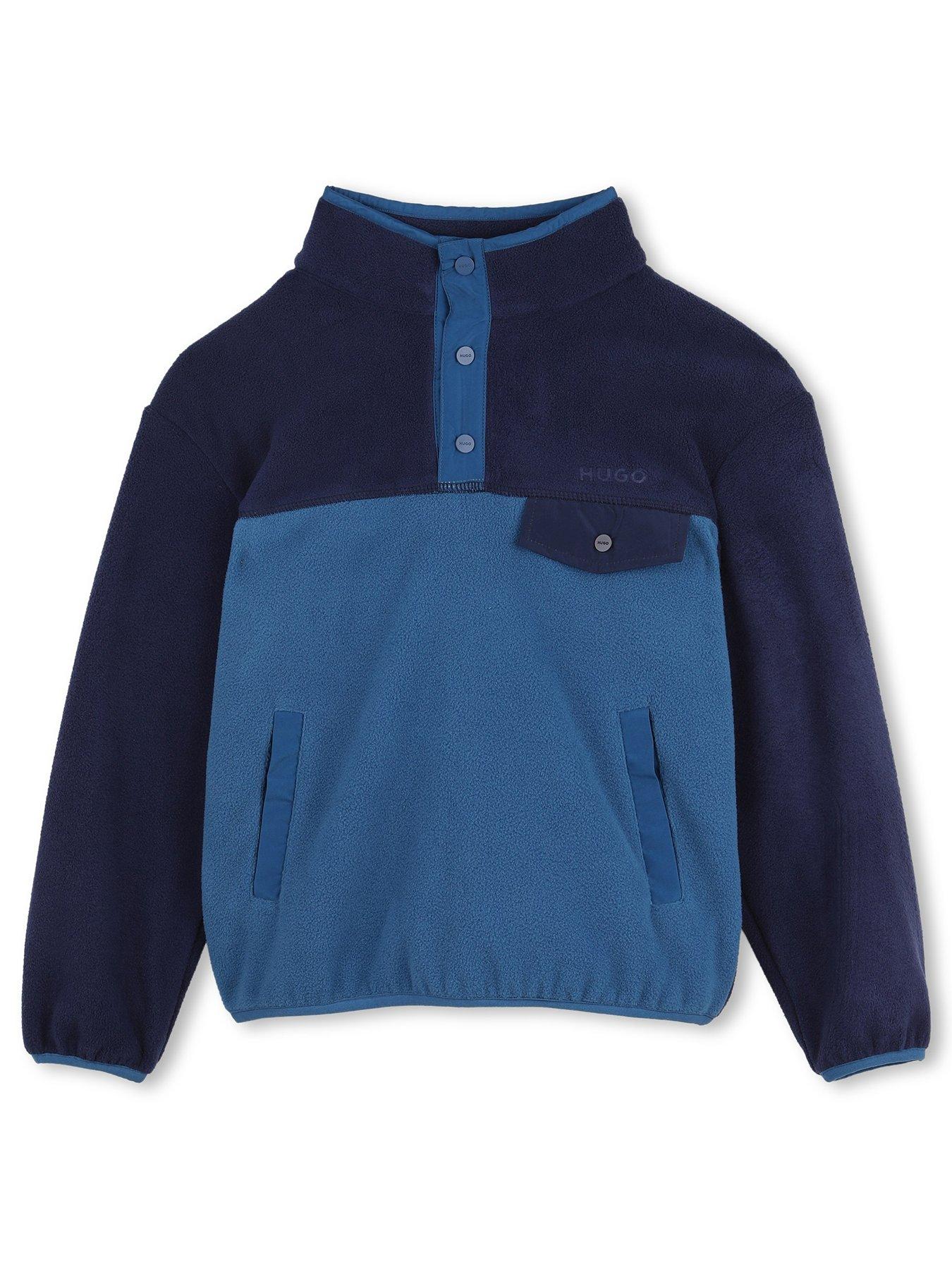Image 2 of 4 of HUGO Boys Press-Stud Funnel Neck Colour-Block Fleece Sweatshirt - Navy