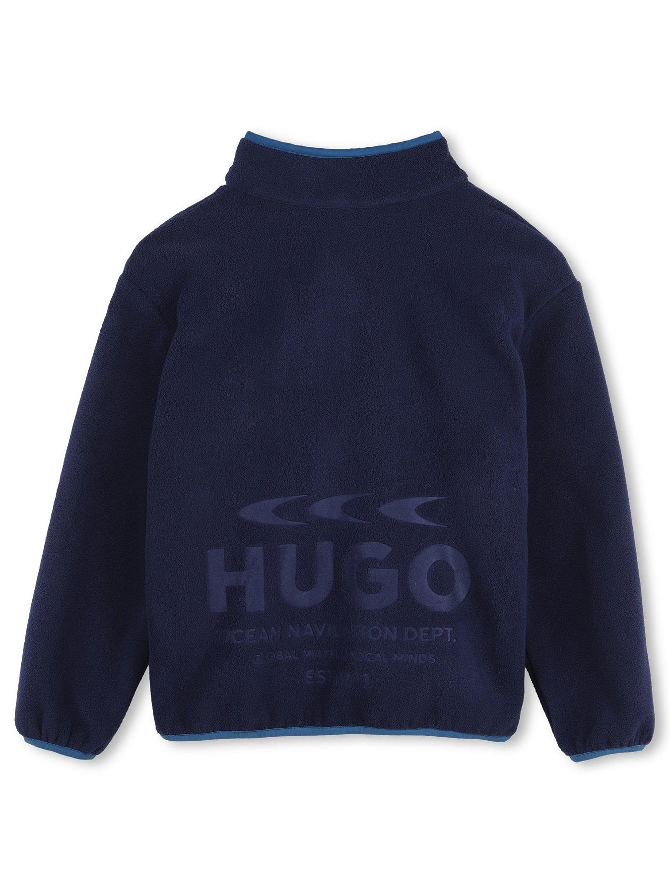 Image 3 of 4 of HUGO Boys Press-Stud Funnel Neck Colour-Block Fleece Sweatshirt - Navy