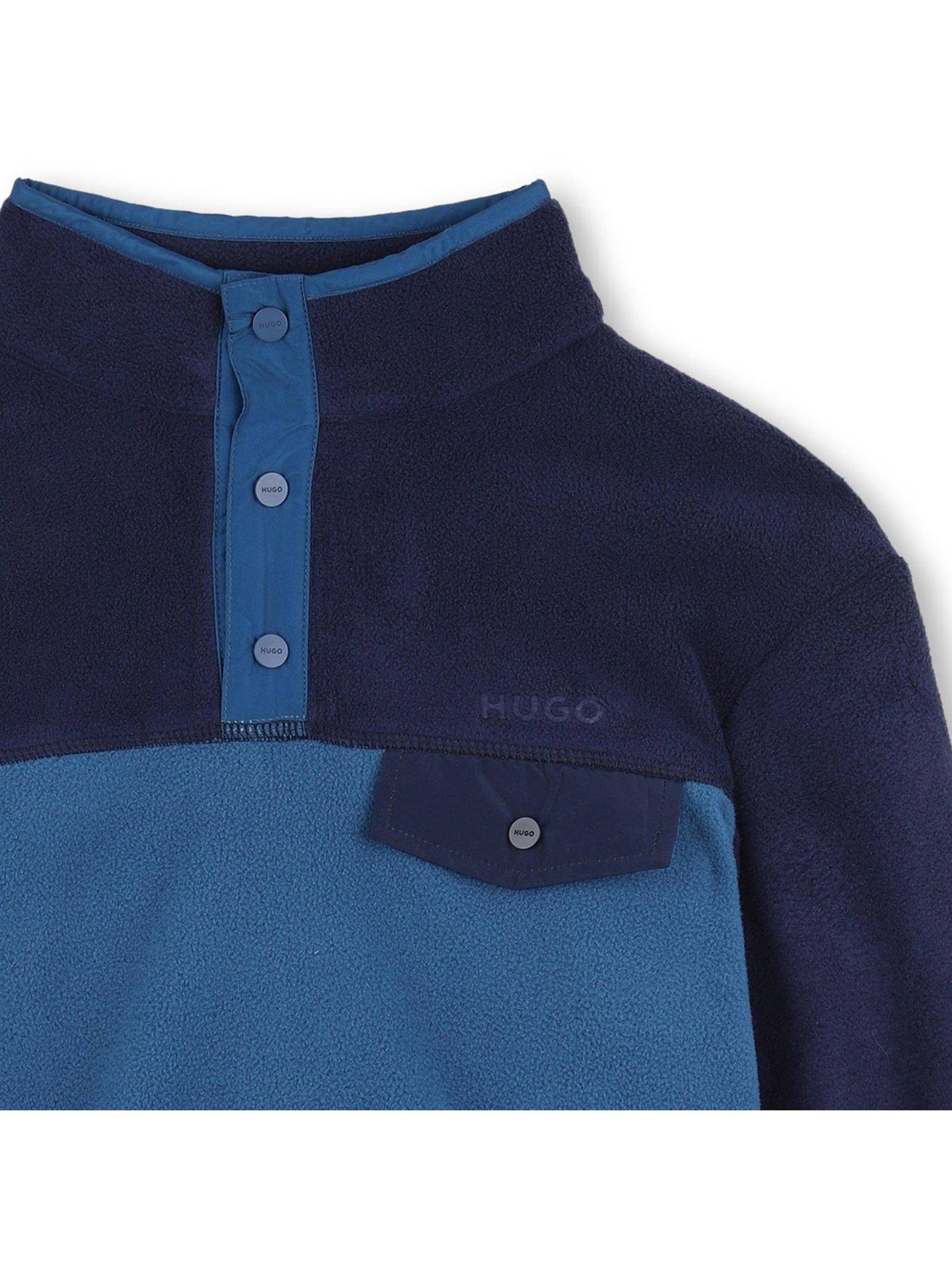 Image 4 of 4 of HUGO Boys Press-Stud Funnel Neck Colour-Block Fleece Sweatshirt - Navy