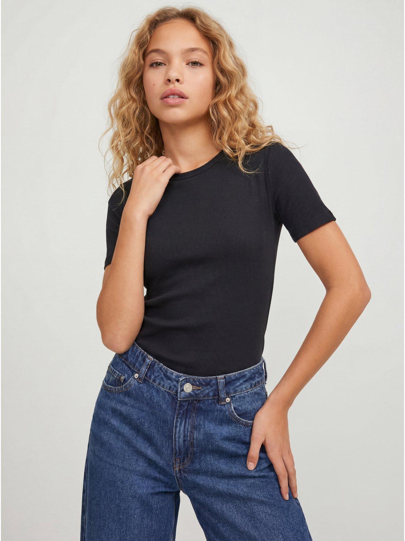 JJXX Girl Girls Frankie Short Sleeve Rib Tshirt - Black