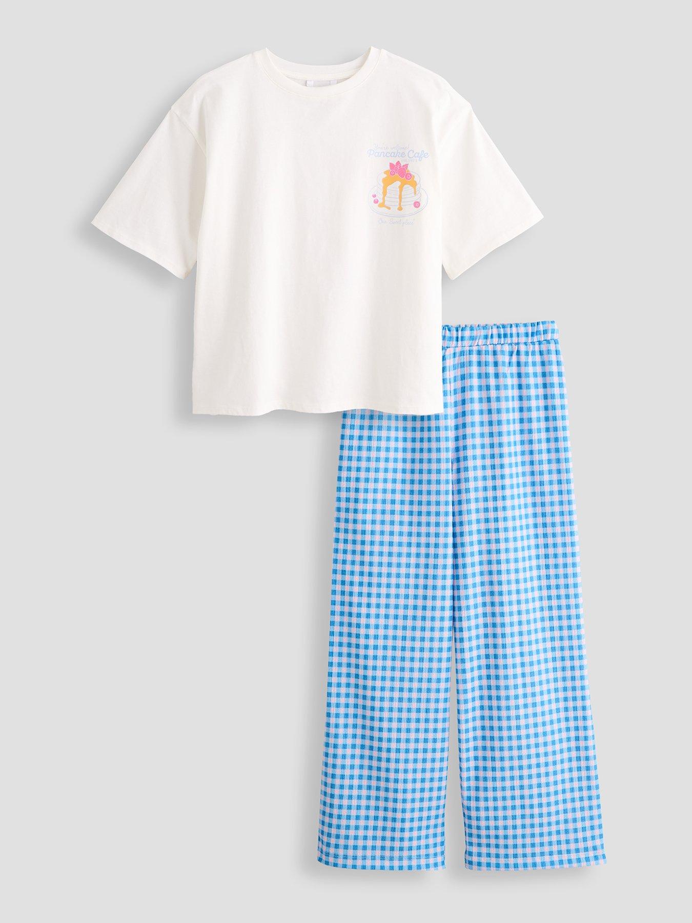 The Very Collection Girls Pancake Back Print T-Shirt And Gingham Trousers - Cream / - Blue