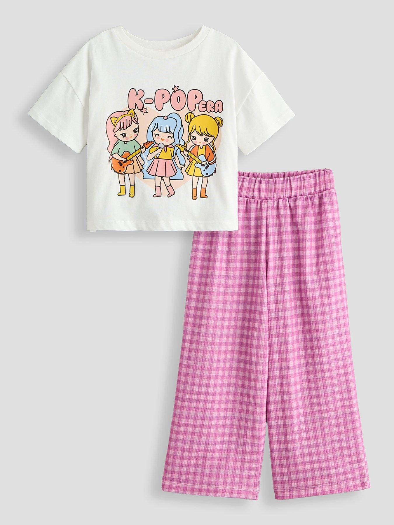 The Very Collection Girls K Pop Graphic T-Shirt And Gingham Trouser Set - White - Pink