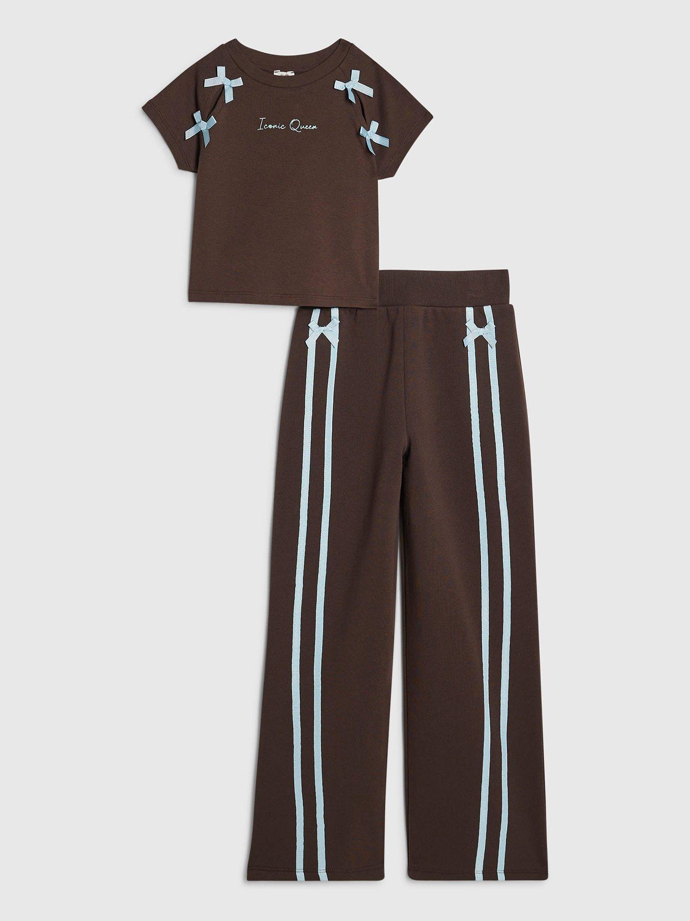 River Island Girls Bow Taped Wide Leg Joggers Set - Brown