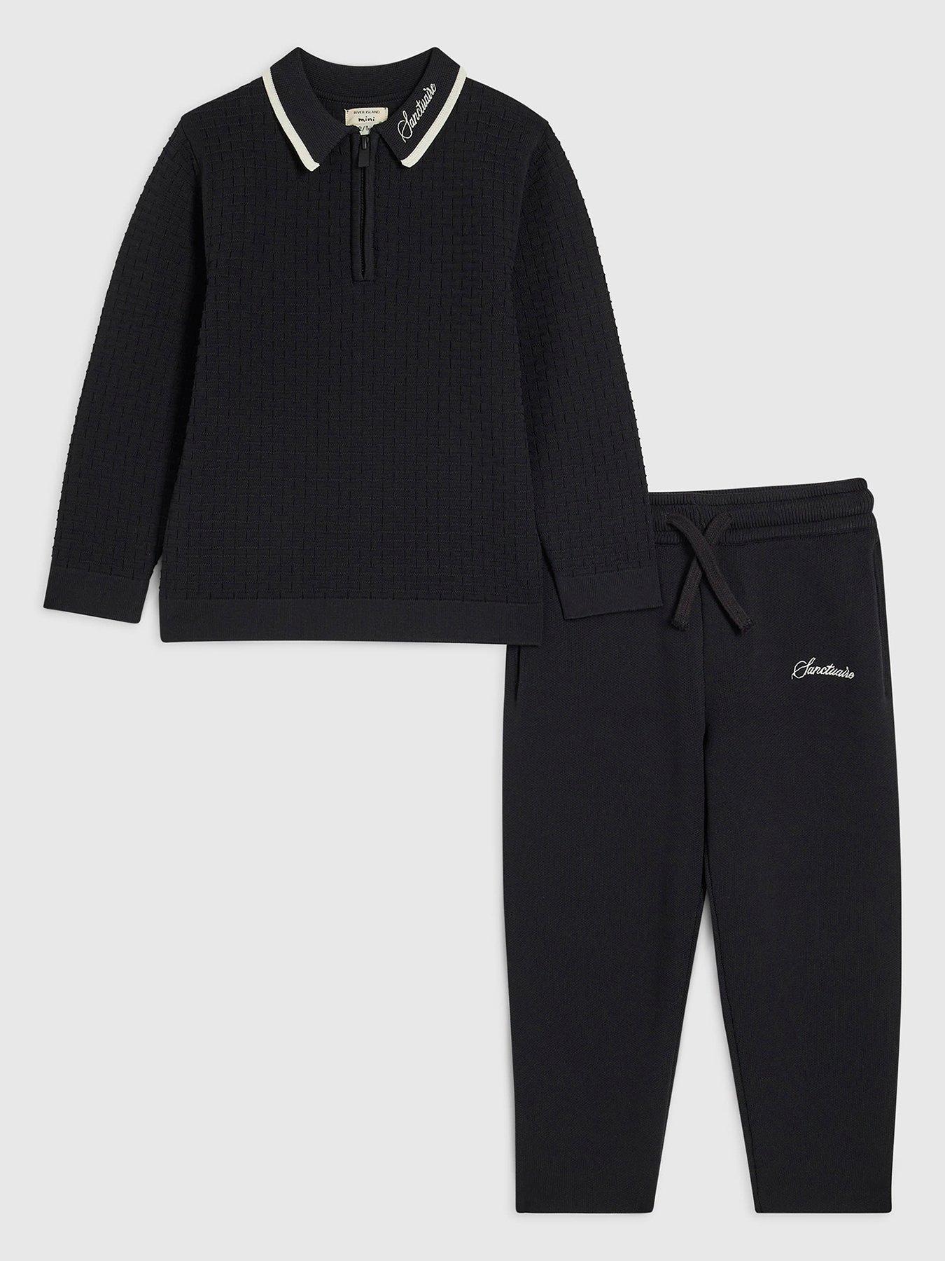 Image 1 of 5 of River Island Mini Boys Textured Quarter Zip Polo Shirt Set - Black