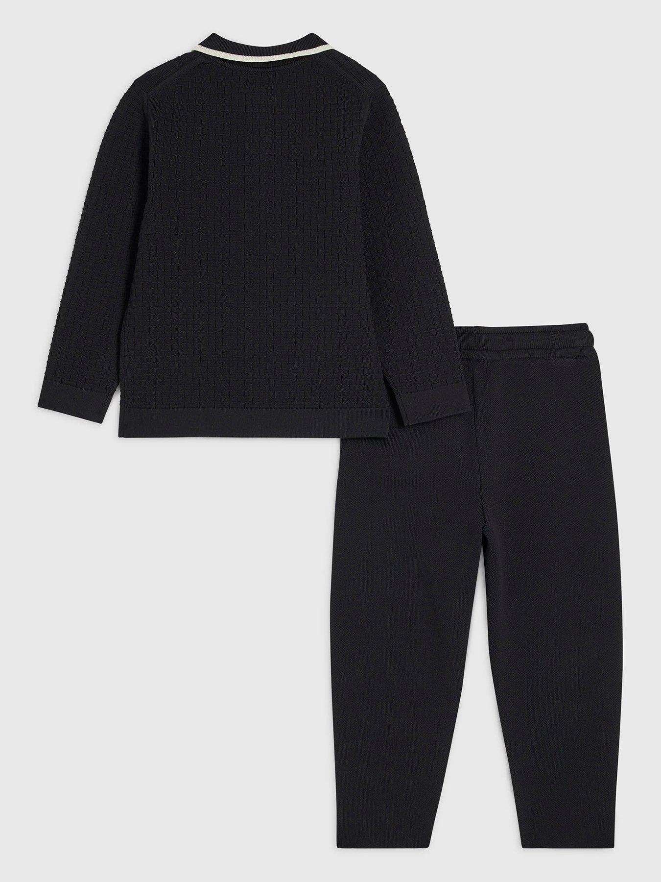 Image 2 of 5 of River Island Mini Boys Textured Quarter Zip Polo Shirt Set - Black