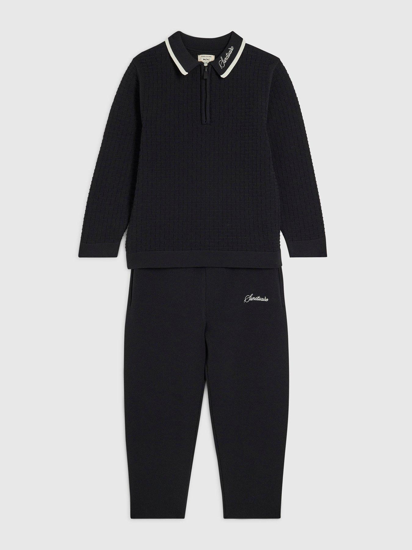Image 3 of 5 of River Island Mini Boys Textured Quarter Zip Polo Shirt Set - Black