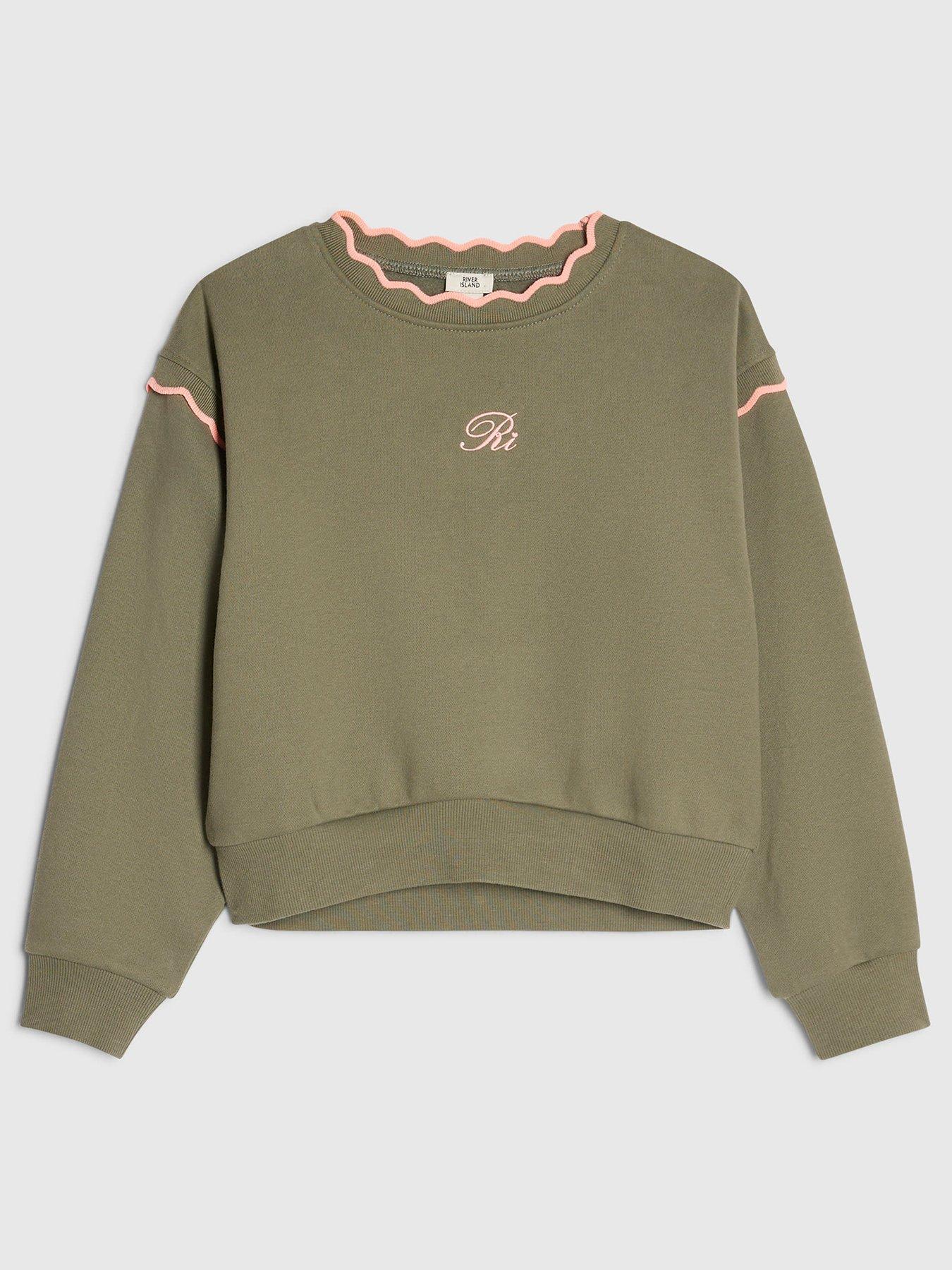Image 1 of 3 of River Island Girls Scallop Edge RI Sweatshirt - Khaki