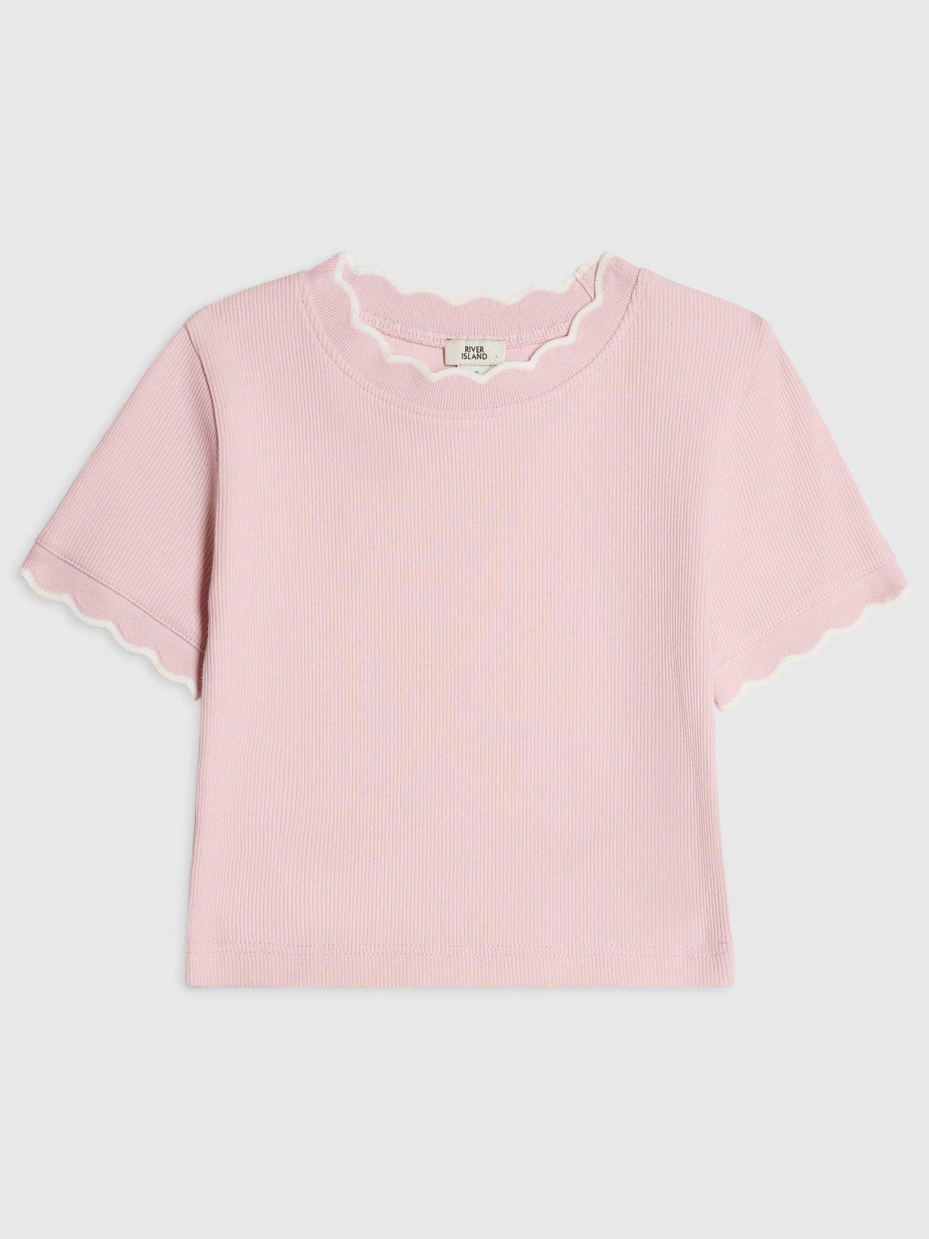 Image 1 of 4 of River Island Girls Scallop Edge Ribbed T-Shirt - Pink