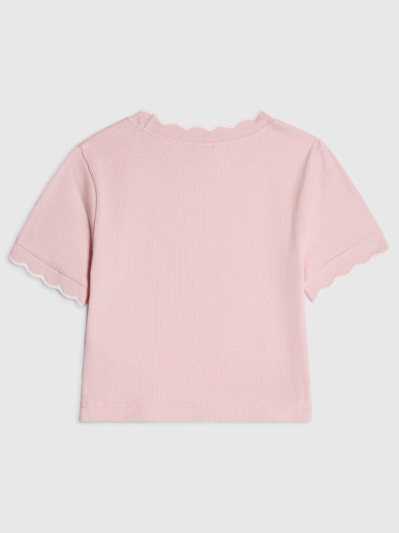 Image 2 of 4 of River Island Girls Scallop Edge Ribbed T-Shirt - Pink