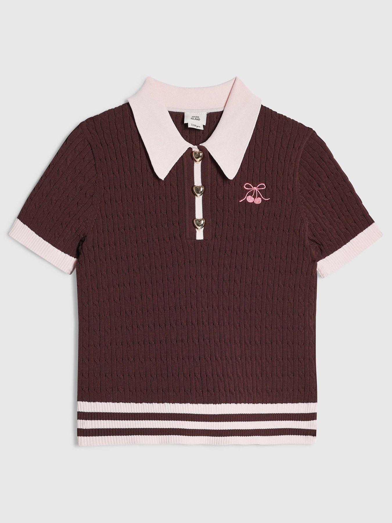 Image 1 of 4 of River Island Girls Tipped Polo Shirt - Brown
