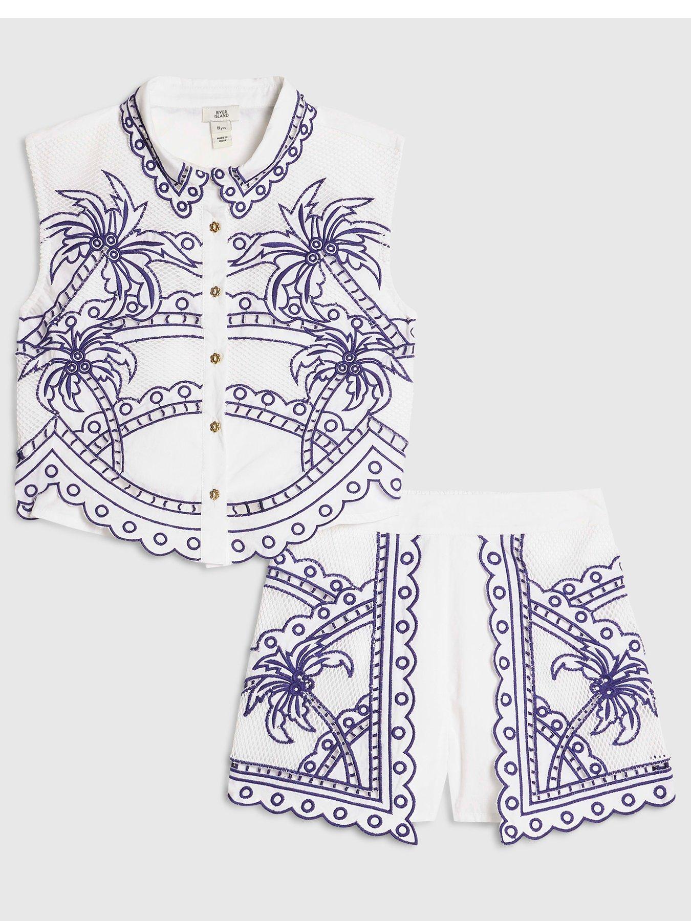 River Island Girls Palm Tree Shirt And Shorts Set - White