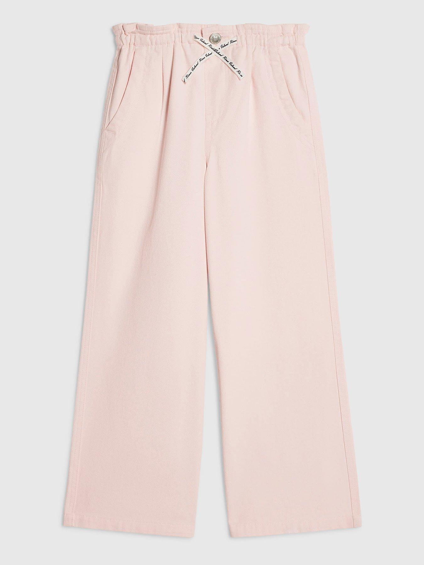 Image 1 of 4 of River Island Girls Pink Drawstring Wide Leg Jeans - Pink