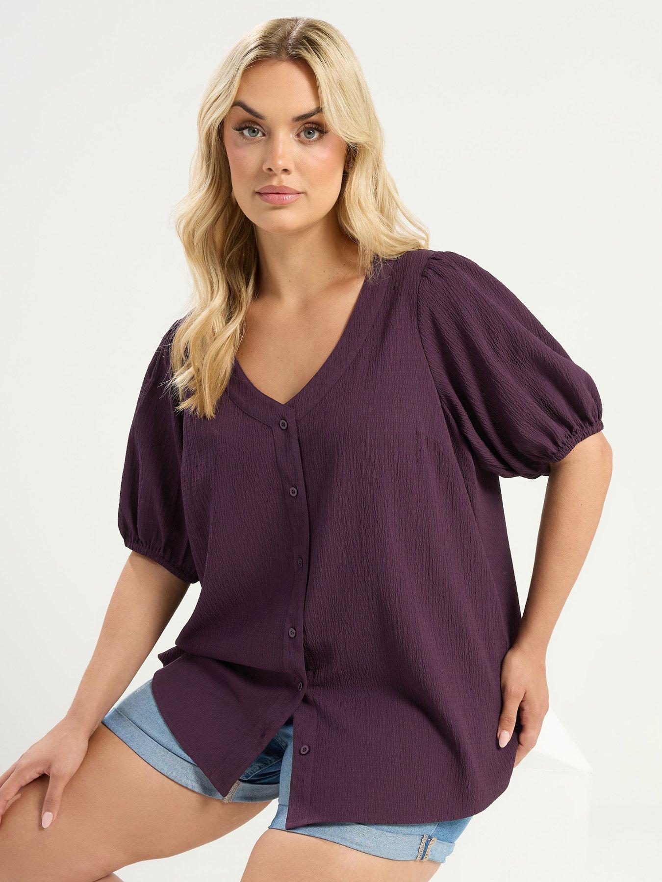 Yours Curve Button Texture Short Sleeve Blouse - Purple