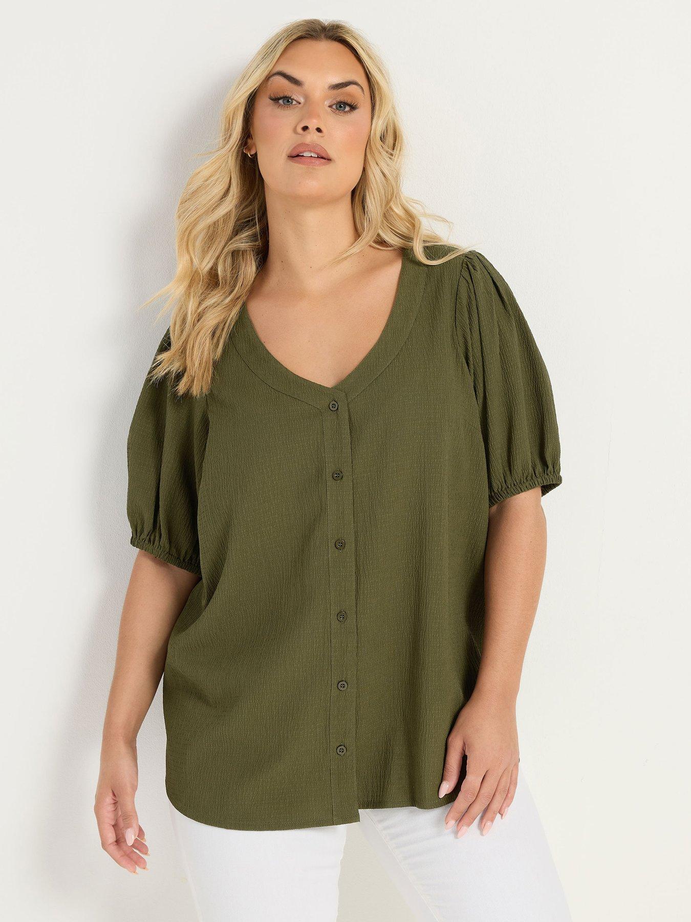 Yours Curve Button Texture Short Sleeve Blouse - Green